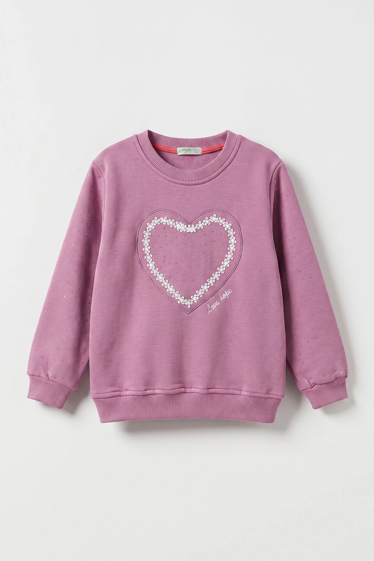 Mor (2-12 Yaş) Kalp Nakışlı Taşlı  İçi Şardonlu Kız Çocuk Sweatshirt 483265