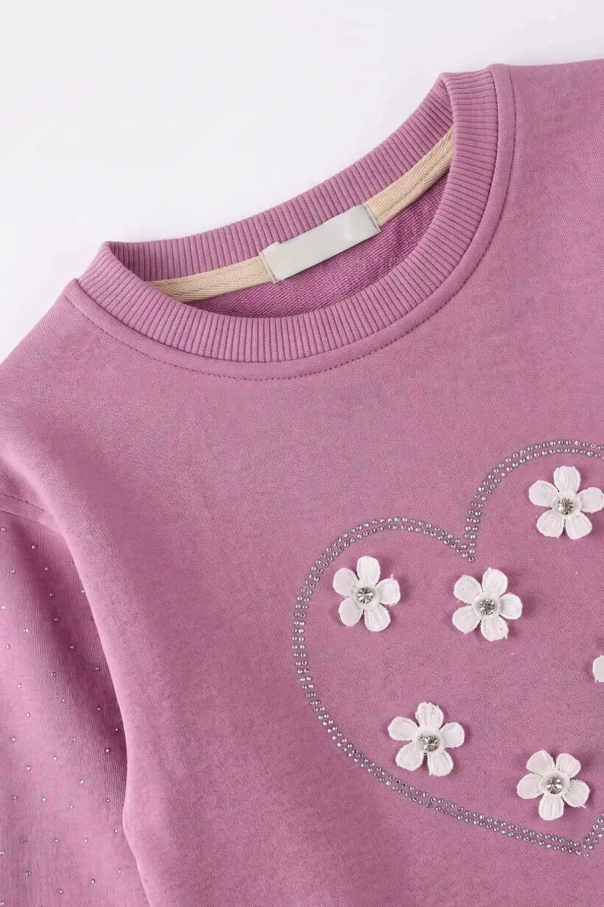 Mor (2-12 Yaş) Kalpli Çiçek Nakışlı Taşlı  İçi Şardonlu Kız Çocuk Sweatshirt 483288