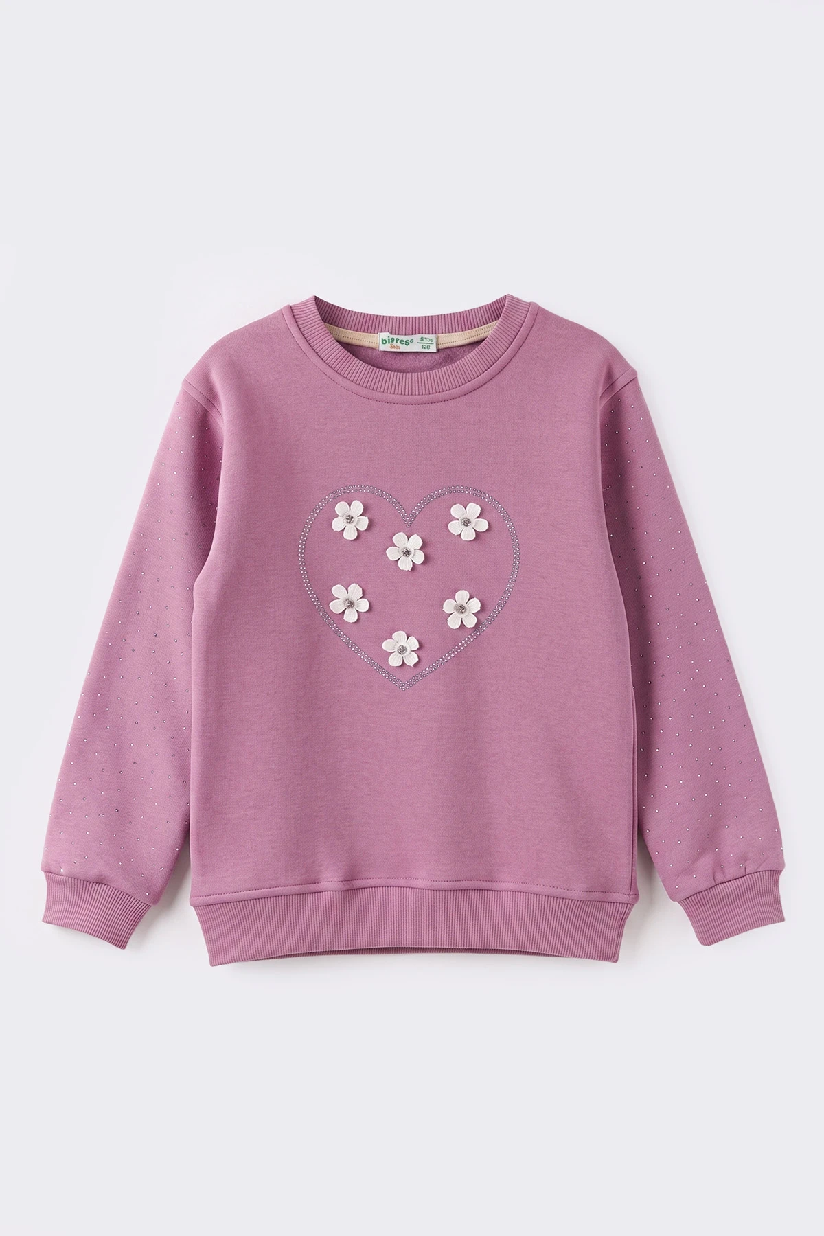Mor (2-12 Yaş) Kalpli Çiçek Nakışlı Taşlı  İçi Şardonlu Kız Çocuk Sweatshirt 483288