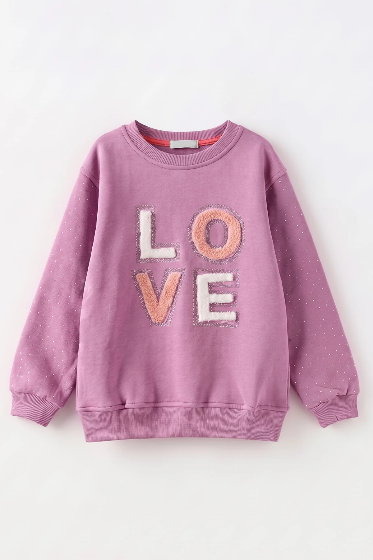 Mor (2-12 Yaş) Love Nakışlı Taşlı İçi Şardonlu Kız Çocuk Sweatshirt 483273