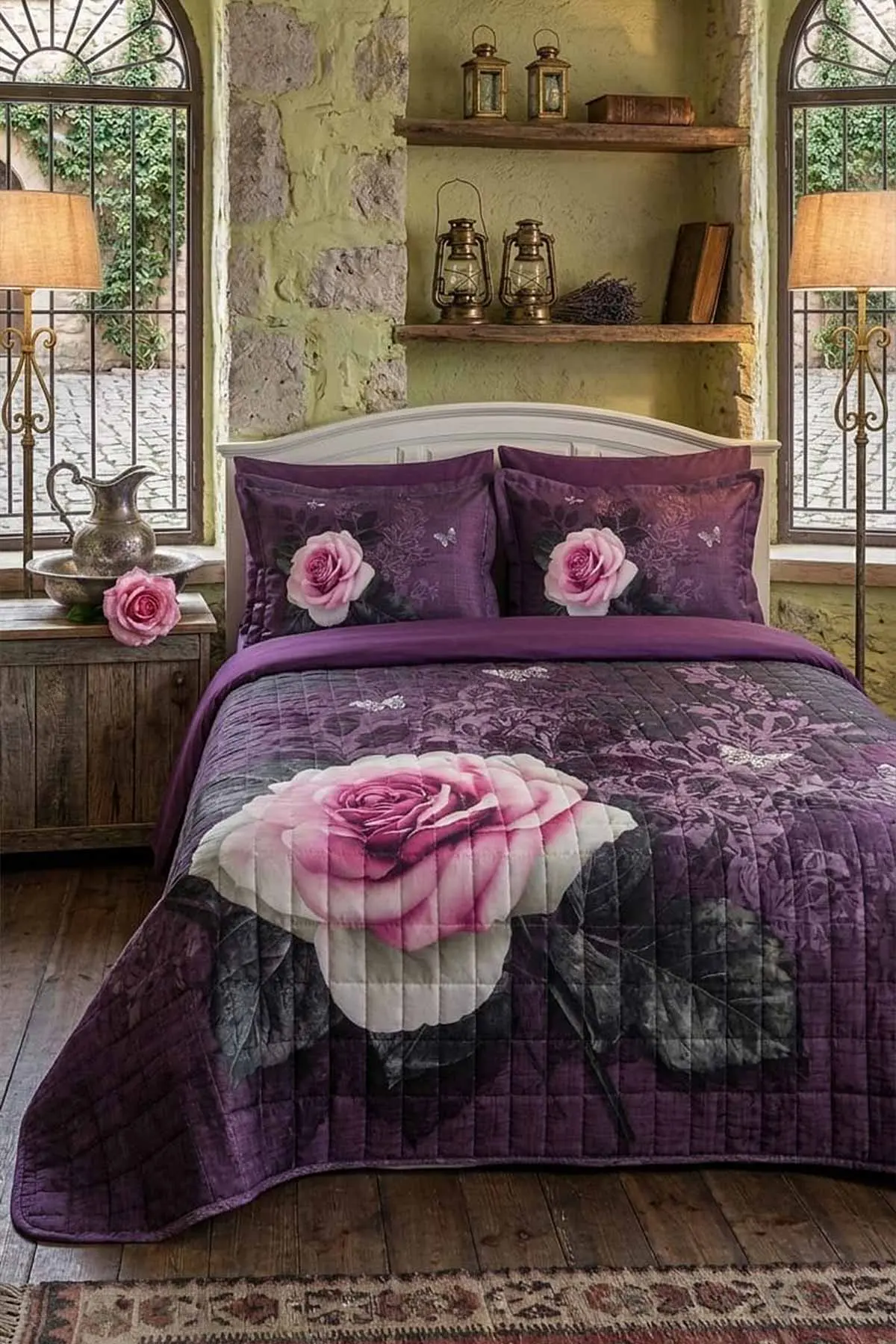 Mor 200x220 Cm Kapitoneli Çift Kişilik Yatak Örtüsü Takımı 465528