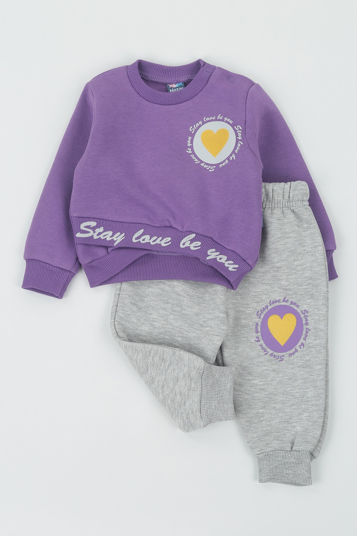 Mor (9-24 Ay) Stay Love Kalp Baskılı Üç İp Şardonlu Kız Çocuk Takım 136607