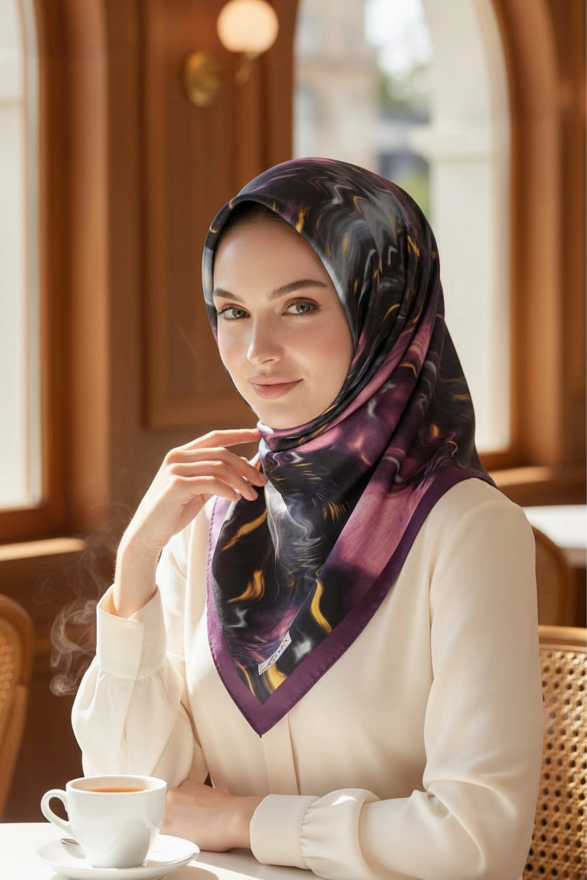 Mor 90x90 Cm Dijital Baskılı Süsen Desen Kutulu Twill Eşarp 500971