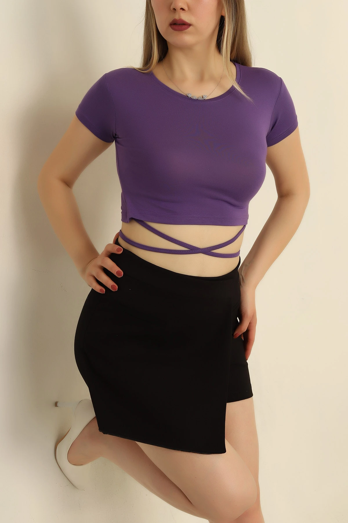 Mor Bağlamalı Crop Bluz 268977