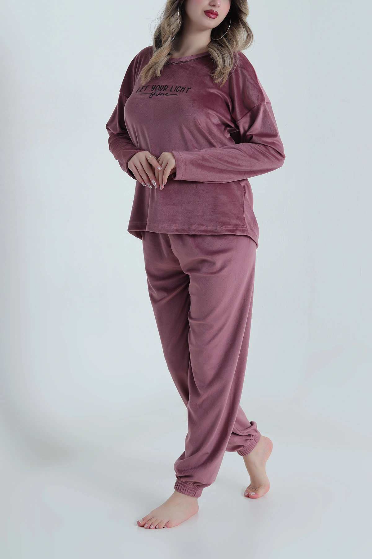 Mor Baskılı Kadife Kadın Pijama Takımı 491063