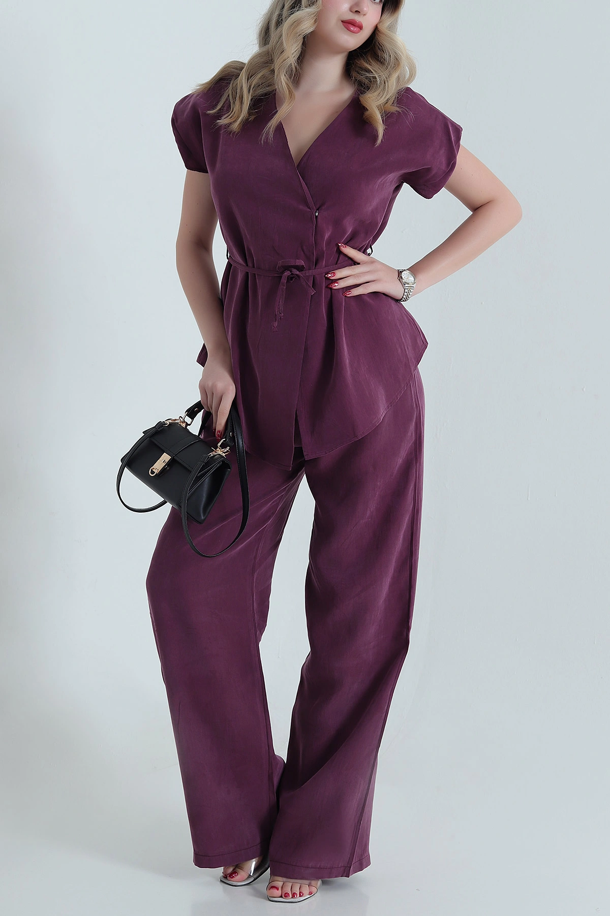 Mor Bel Lastikli Tencel Kadın İkili Takım 472275