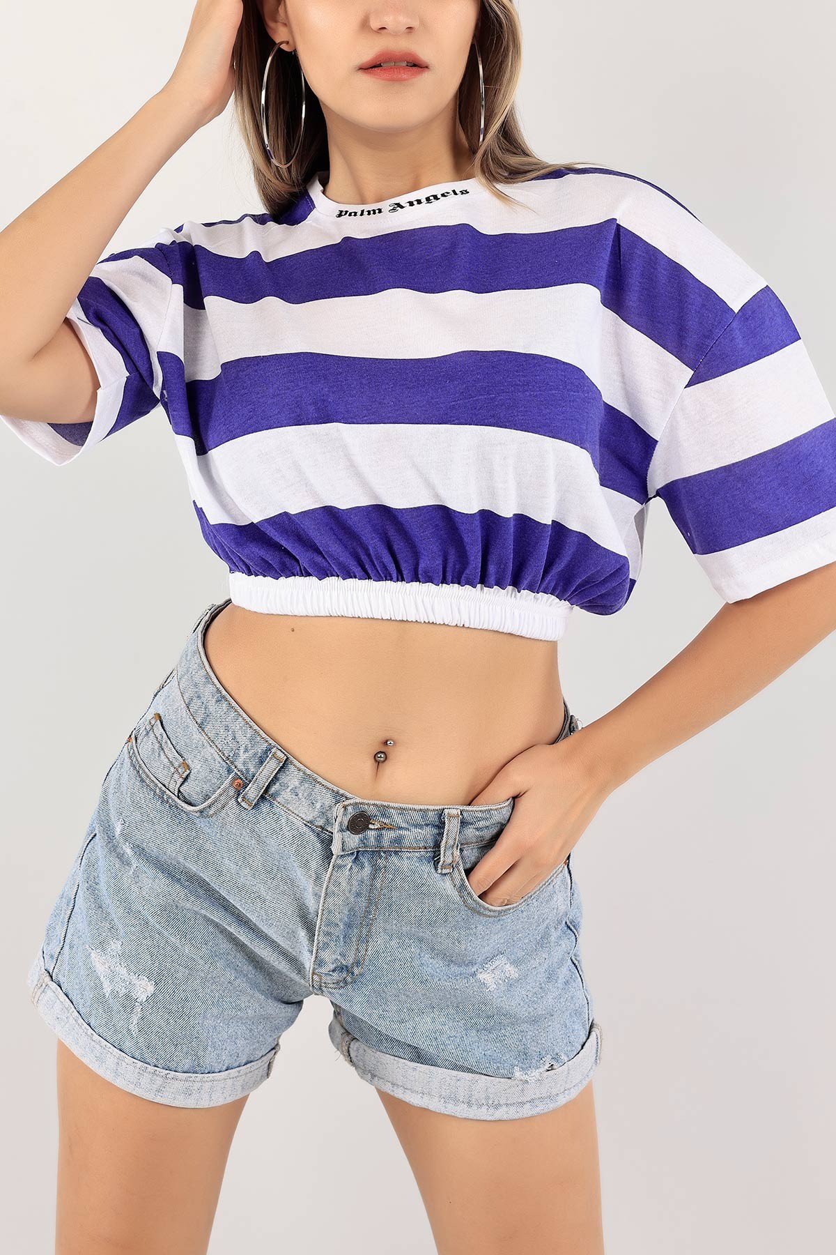 Mor Beli Lastikli Crop Tişört 116010