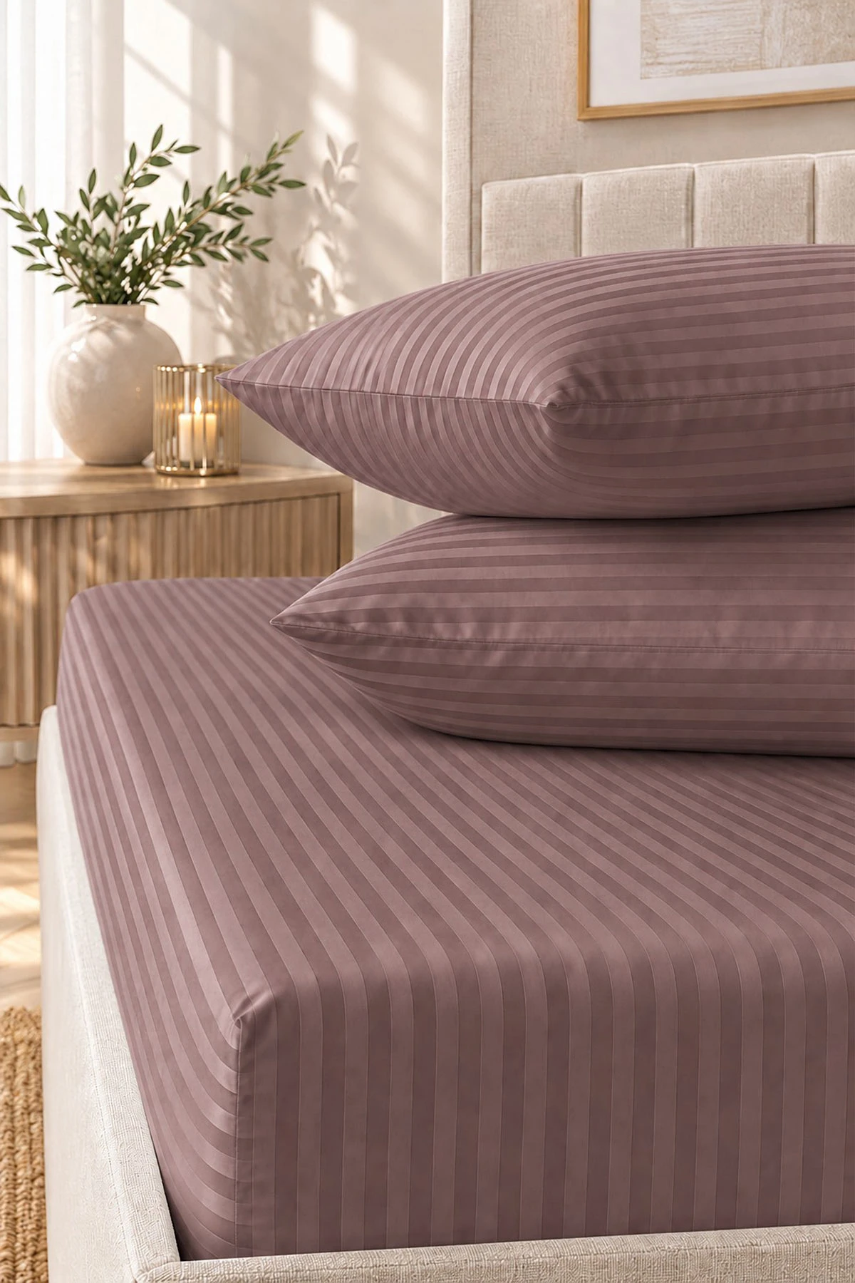 Acı Kahve Bella Home 160x200 Cm Çift Kişilik Çizgili Saten Çarşaf Seti 483027