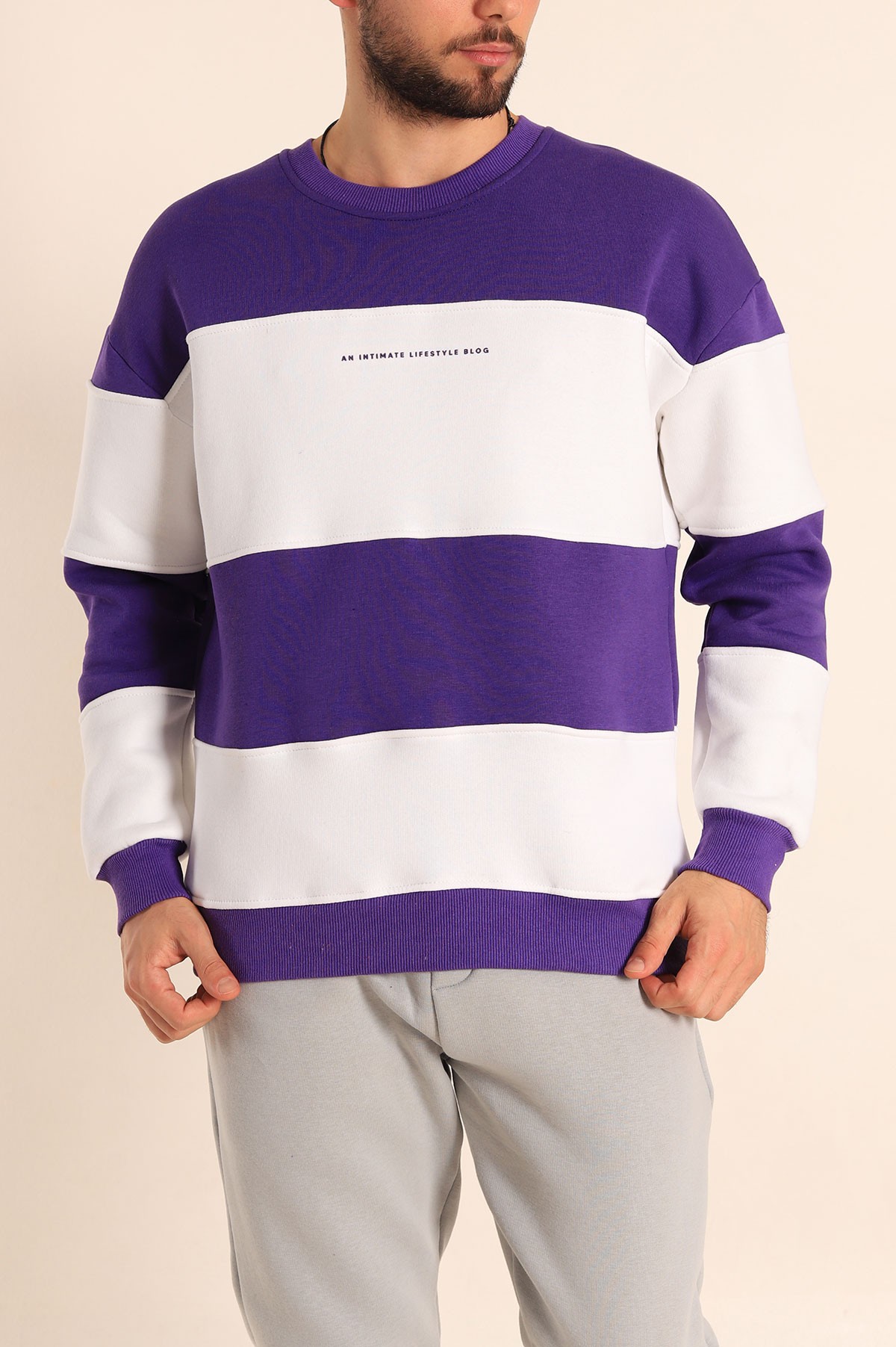 Mor Beyaz Oversize Üç İp Şardonlu Kabartma Yazılı Erkek Sweatshirt 222555