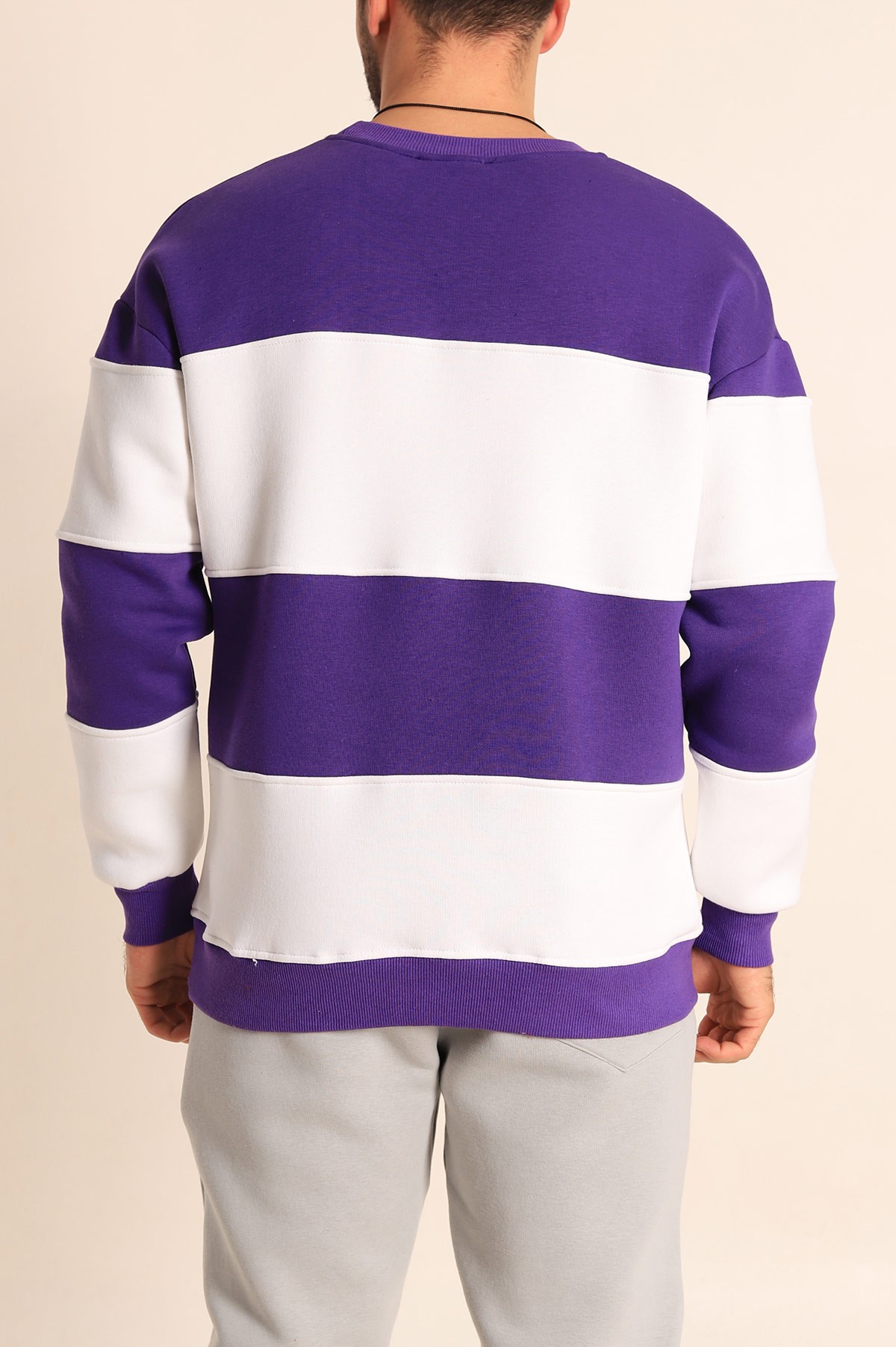 Mor Beyaz Oversize Üç İp Şardonlu Kabartma Yazılı Erkek Sweatshirt 222555