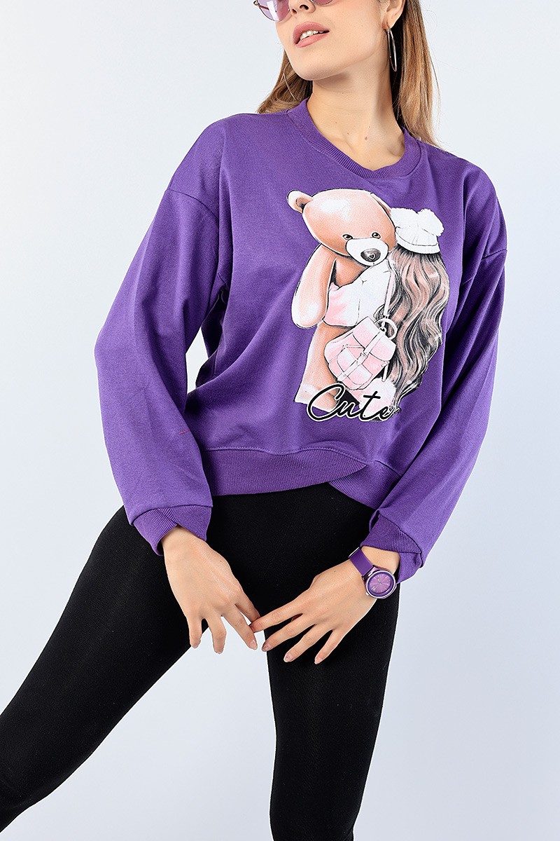 Mor Bisiklet Yaka Baskılı Bayan Sweat 75206