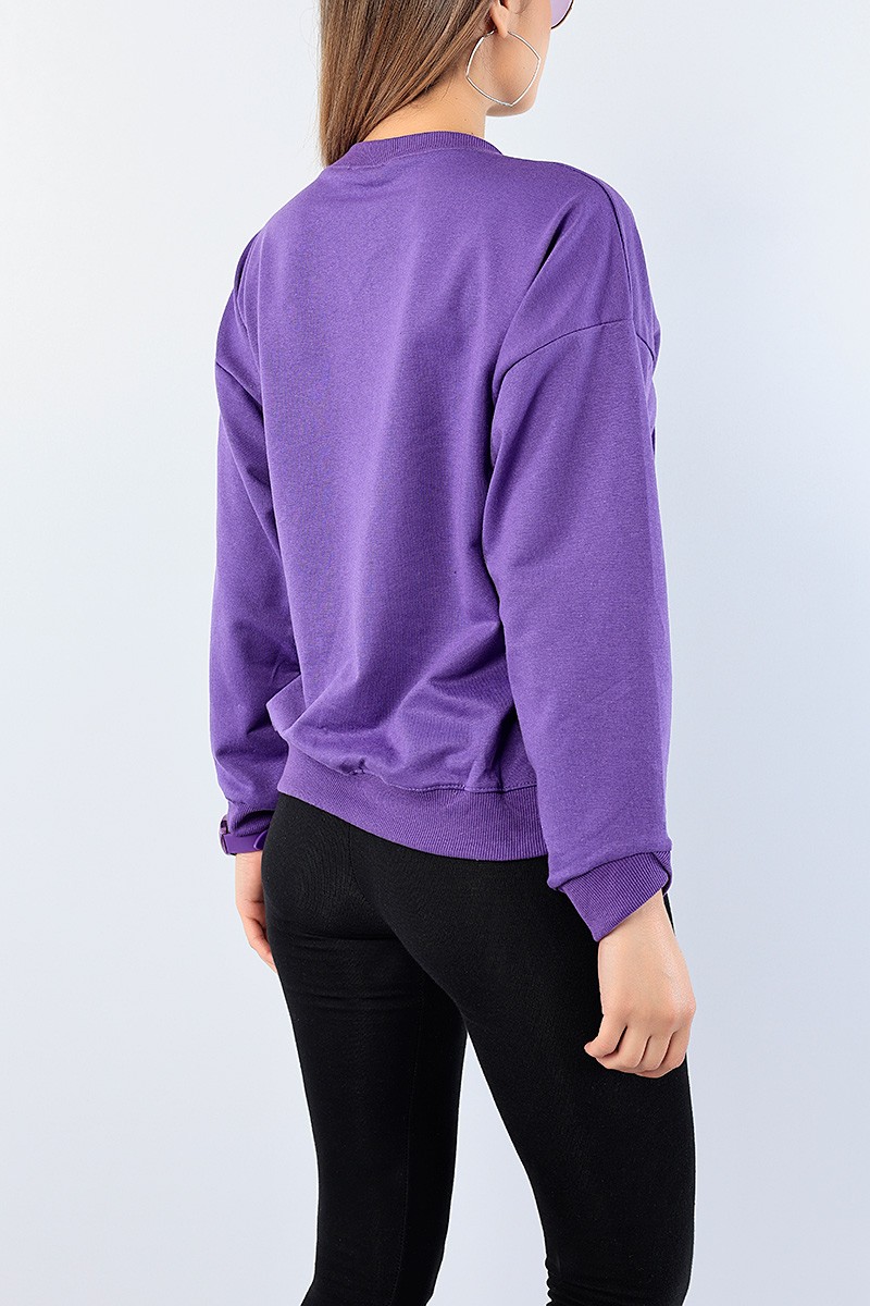 Mor Bisiklet Yaka Baskılı Bayan Sweat 75206