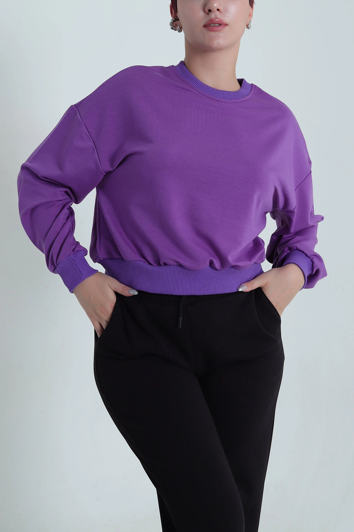 Mor Bisiklet Yaka İki İp Kadın Sweat 484273