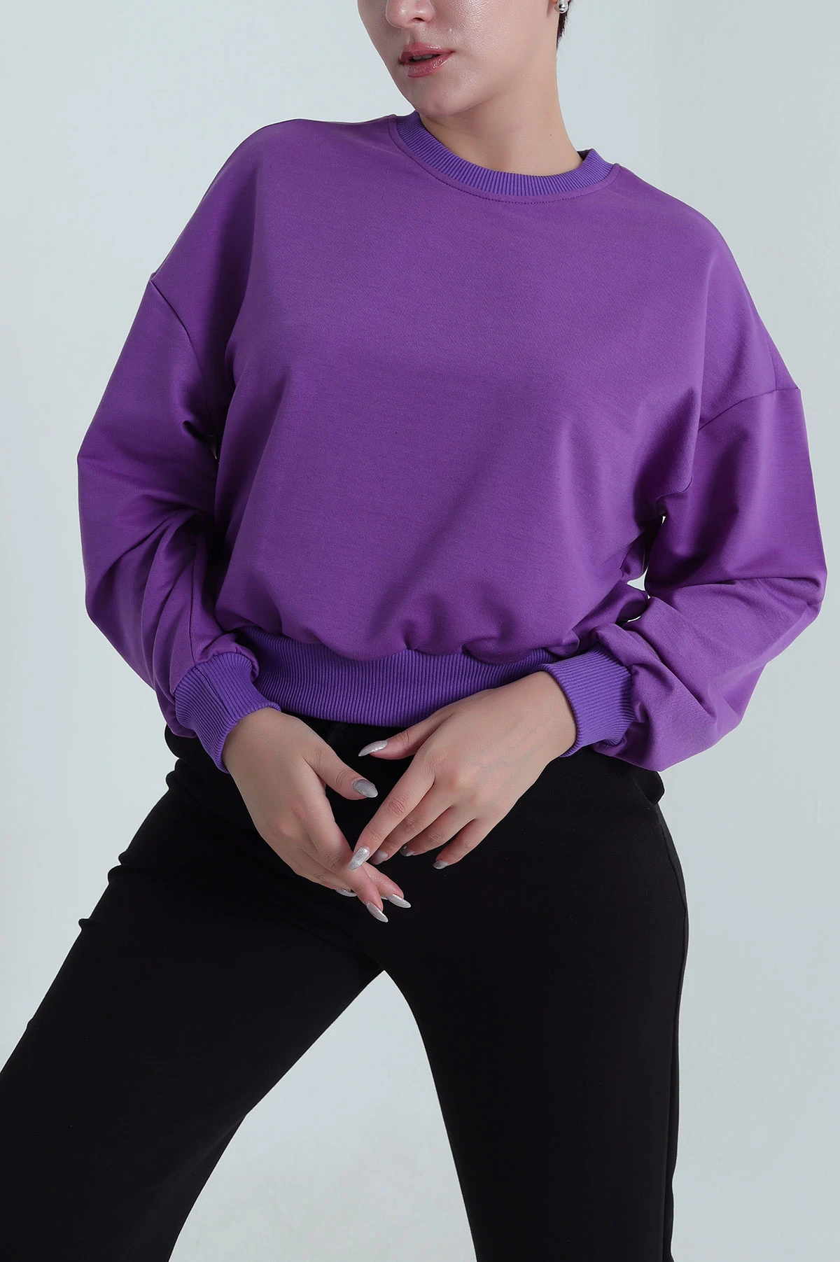 Mor Bisiklet Yaka İki İp Kadın Sweat 484273