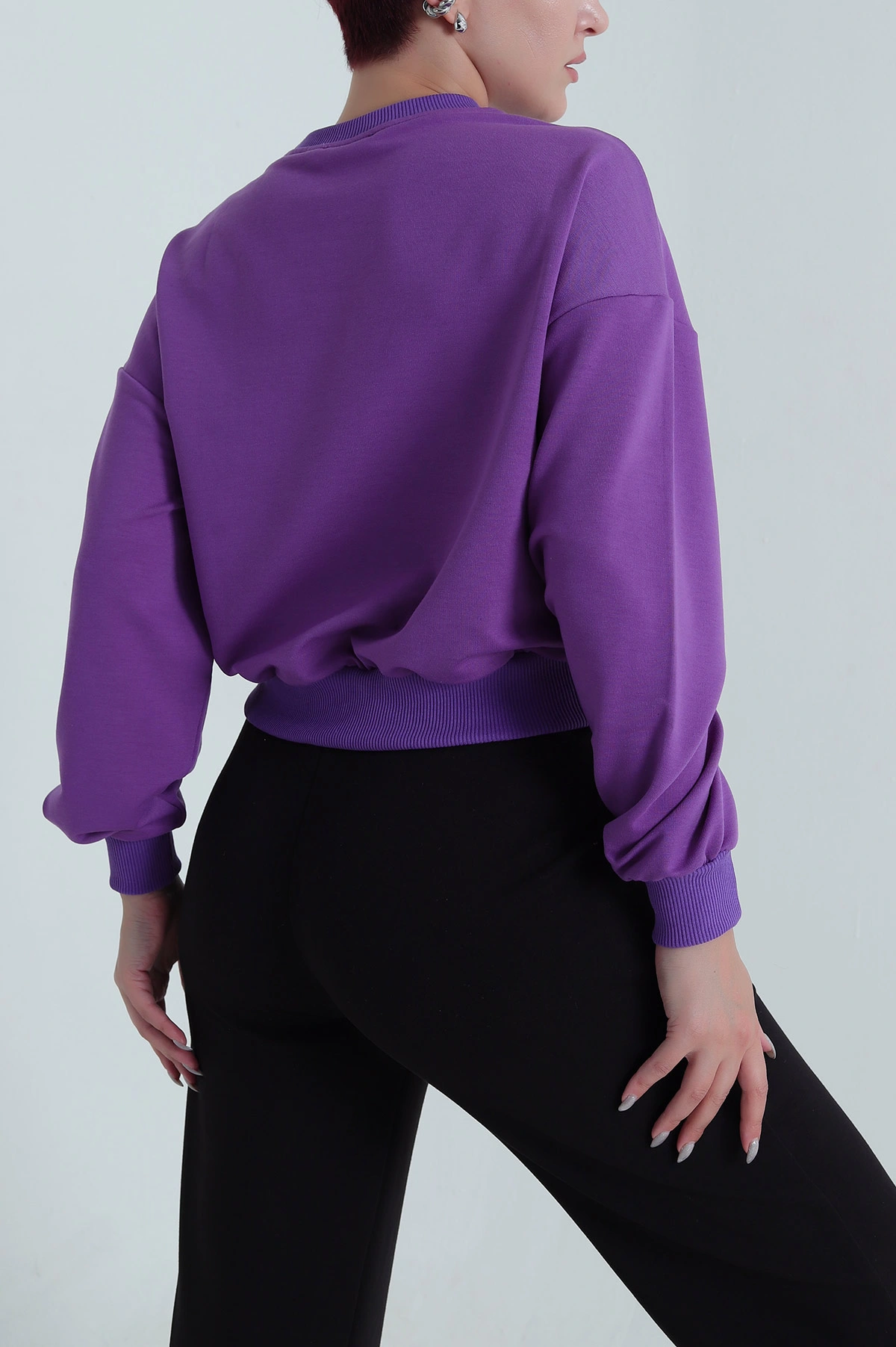 Mor Bisiklet Yaka İki İp Kadın Sweat 484273