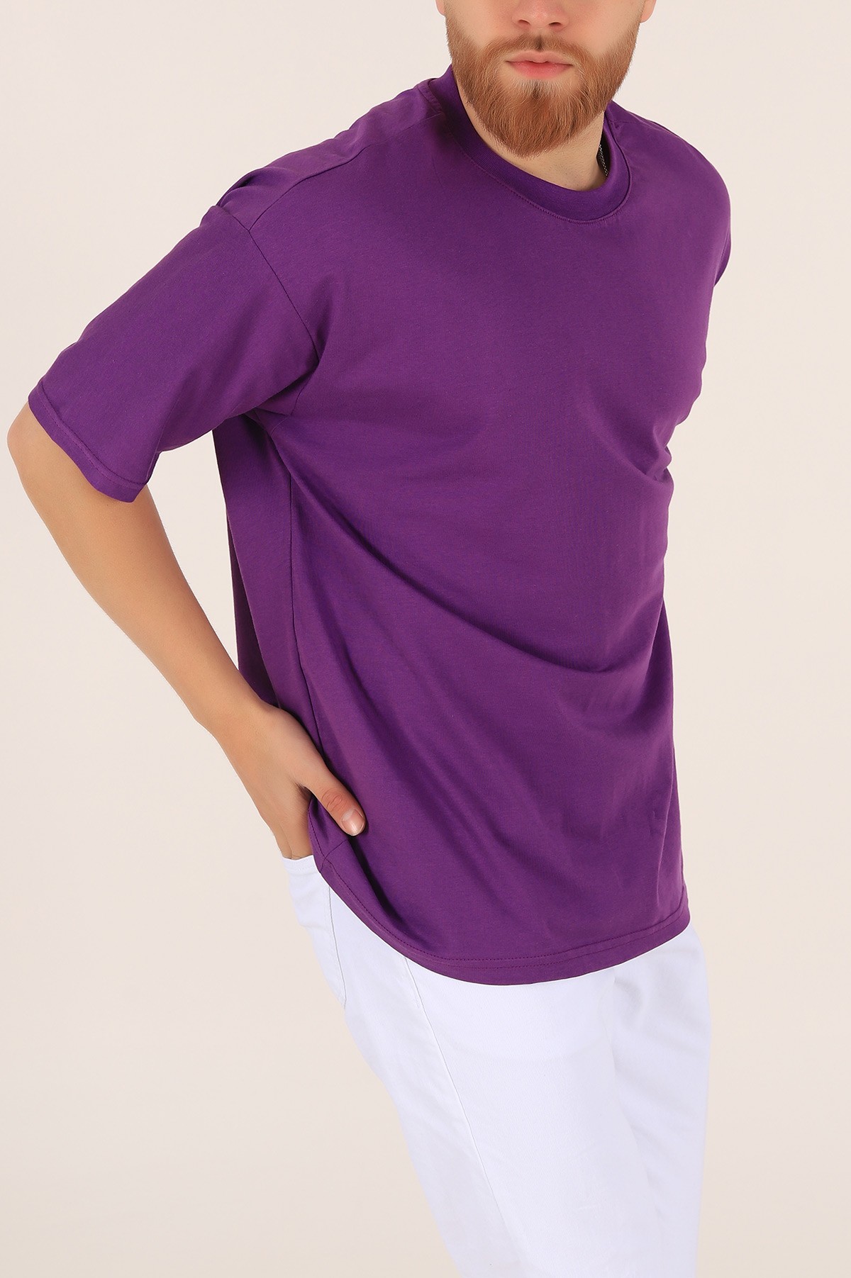 Mor Bisiklet Yaka Oversize Erkek Tişört 169583