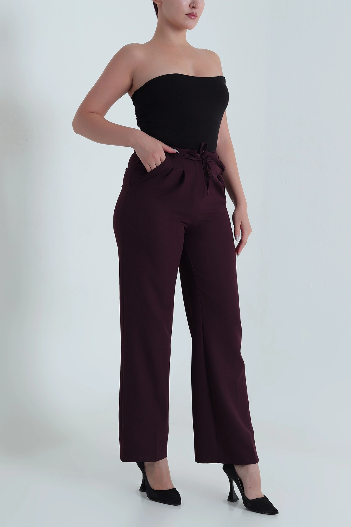 Mor Çift Pileli Beli Lastikli Kadın Pantolon 482577