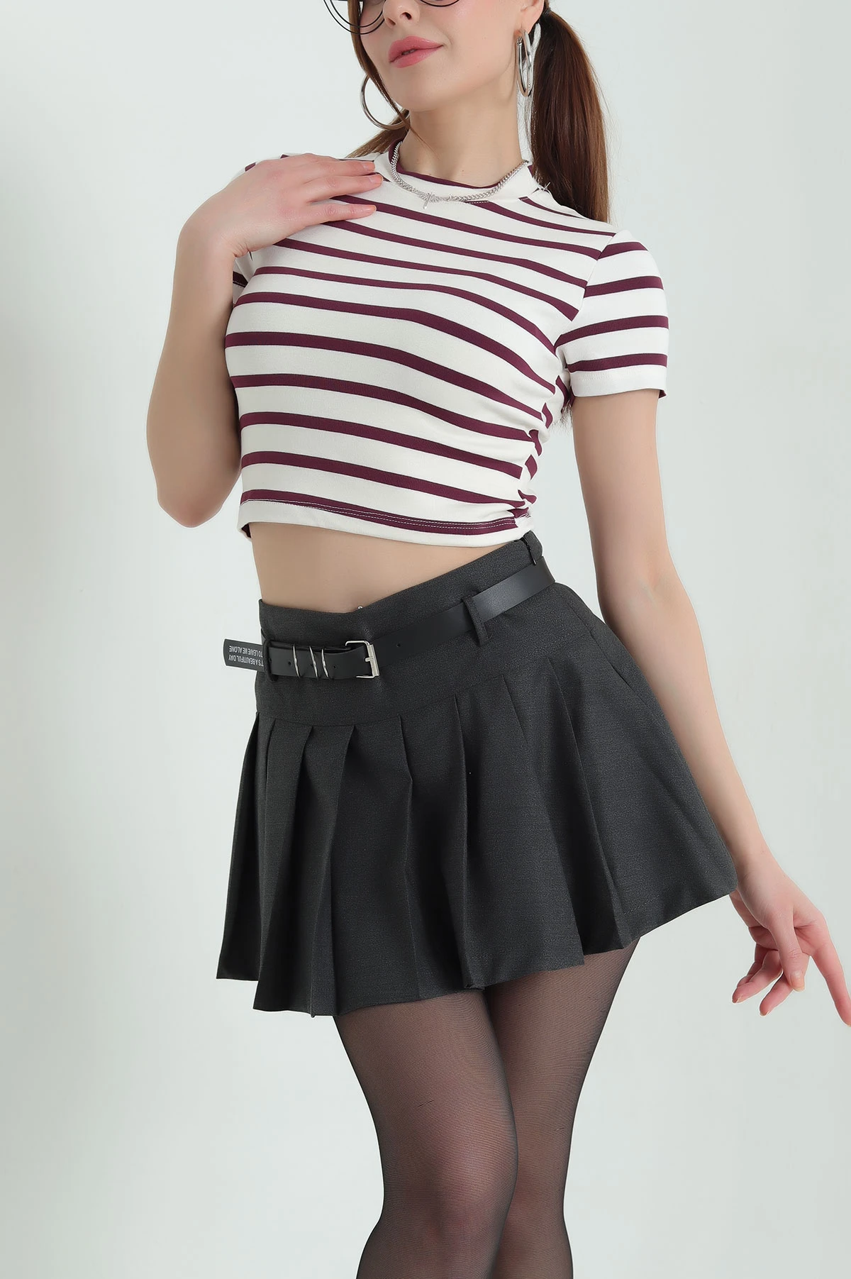 Mor Çizgili Likralı Crop 333896