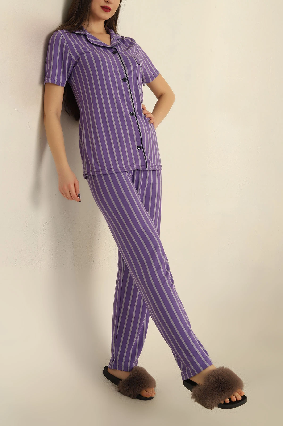 Mor Düğmeli Bayan Pijama Takımı 251565