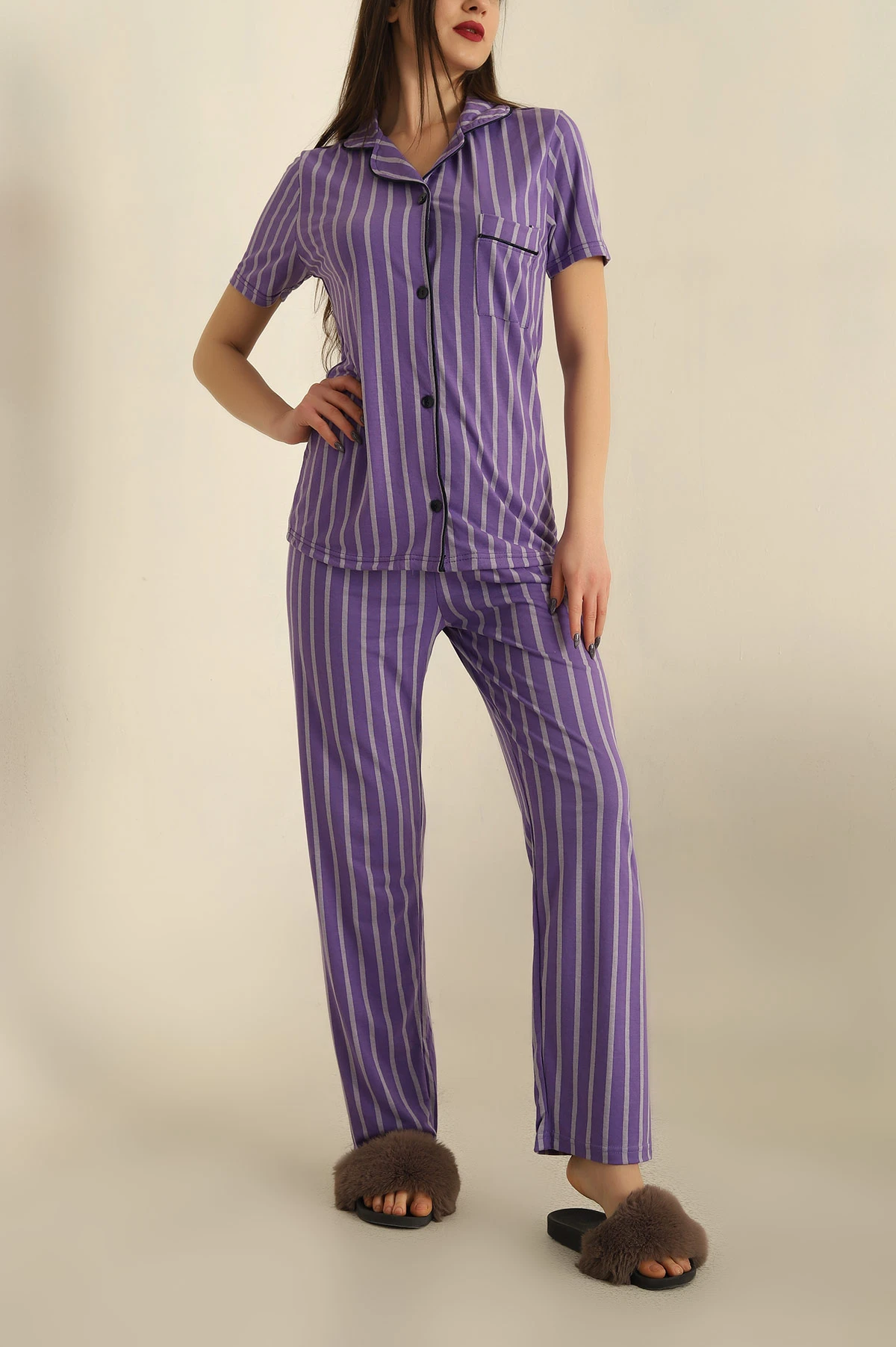 Mor Düğmeli Bayan Pijama Takımı 251565