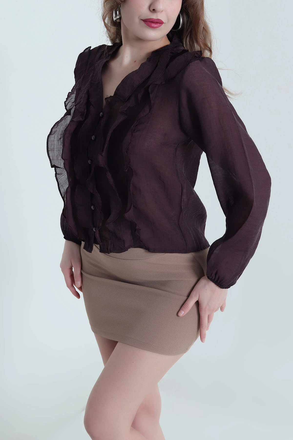 Mor Fırfırlı Tencel Kadın Gömlek 447697