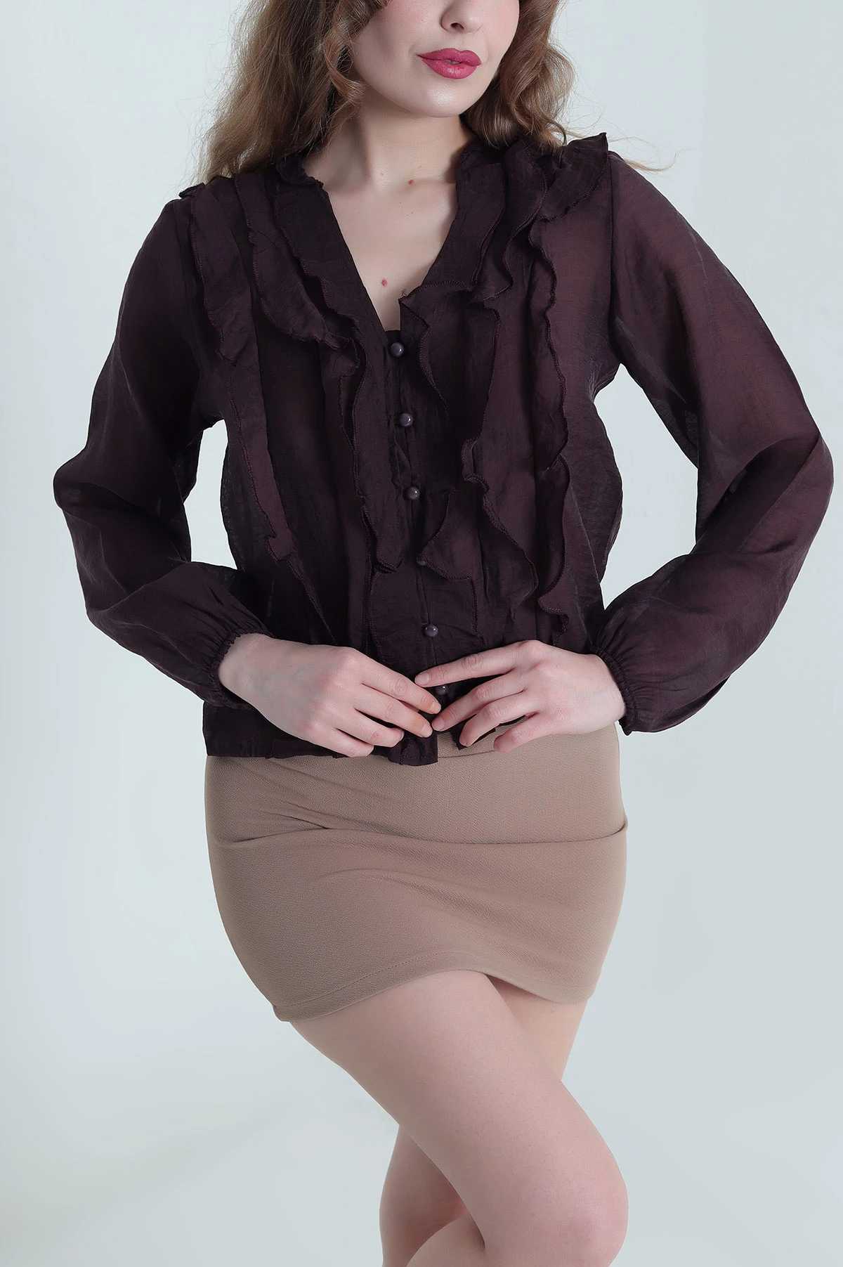 Mor Fırfırlı Tencel Kadın Gömlek 447697