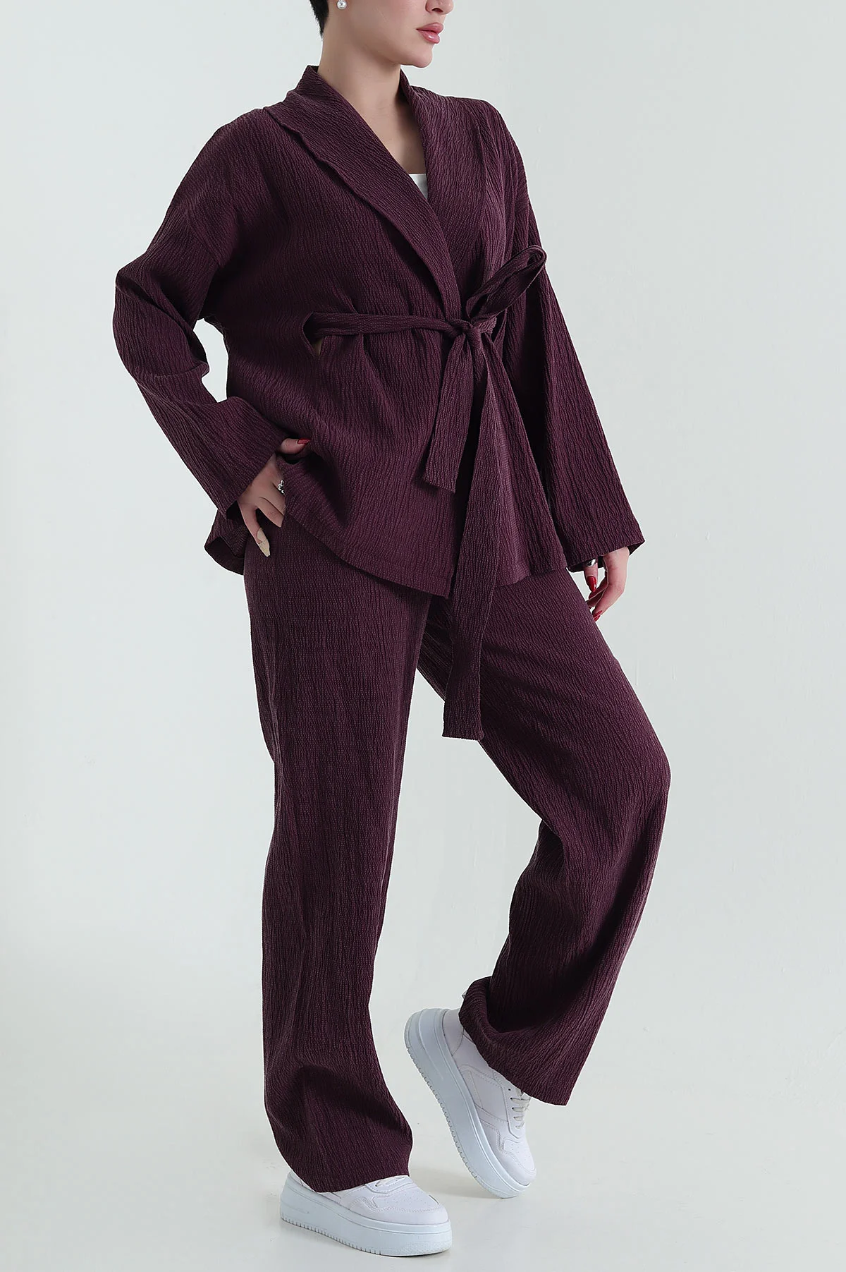 Mor Gofre Kimono Pantolon Kadın İkili Takım 429931