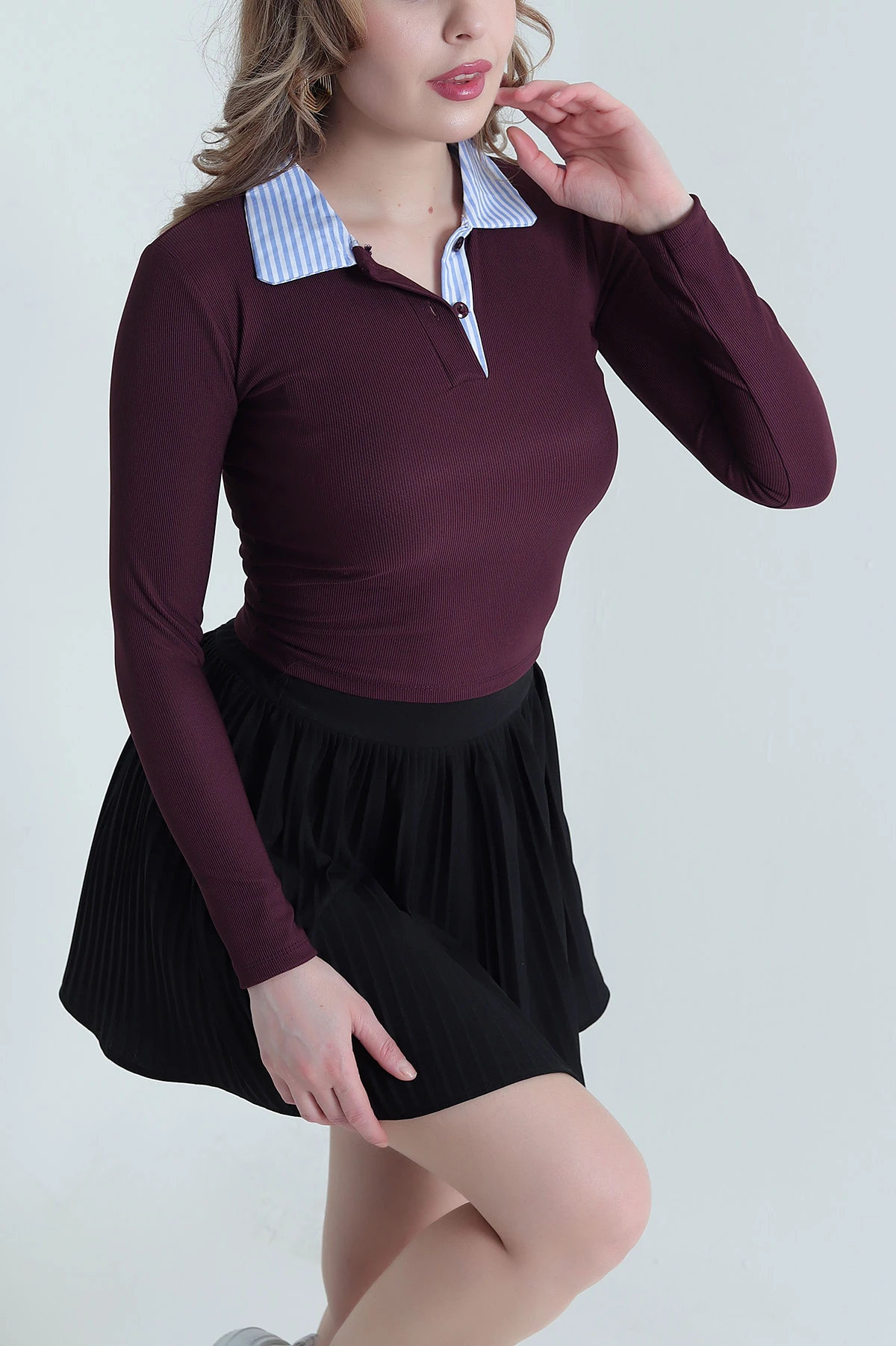 Mor Gömlek Yaka Ottoman Likralı Kadın Bluz 441785