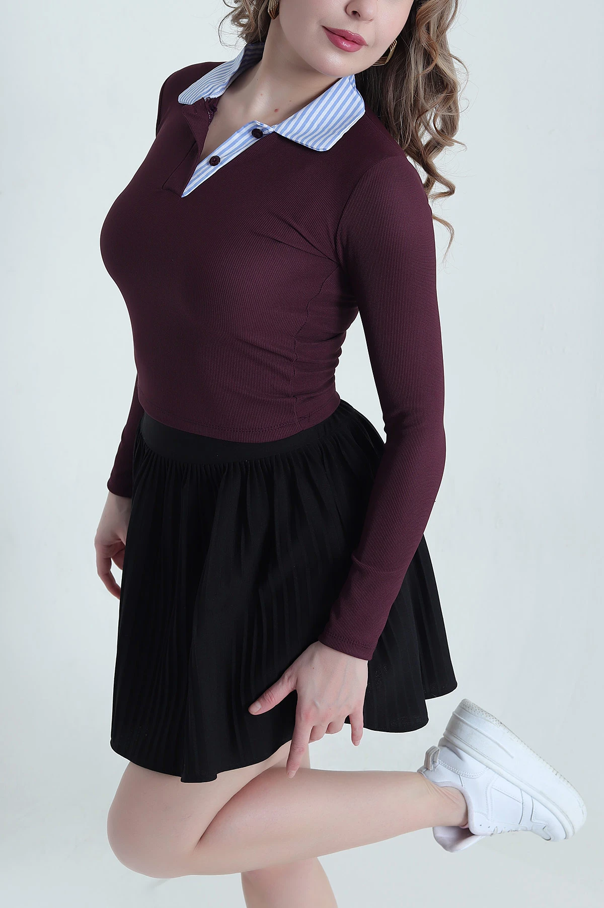 Mor Gömlek Yaka Ottoman Likralı Kadın Bluz 441785