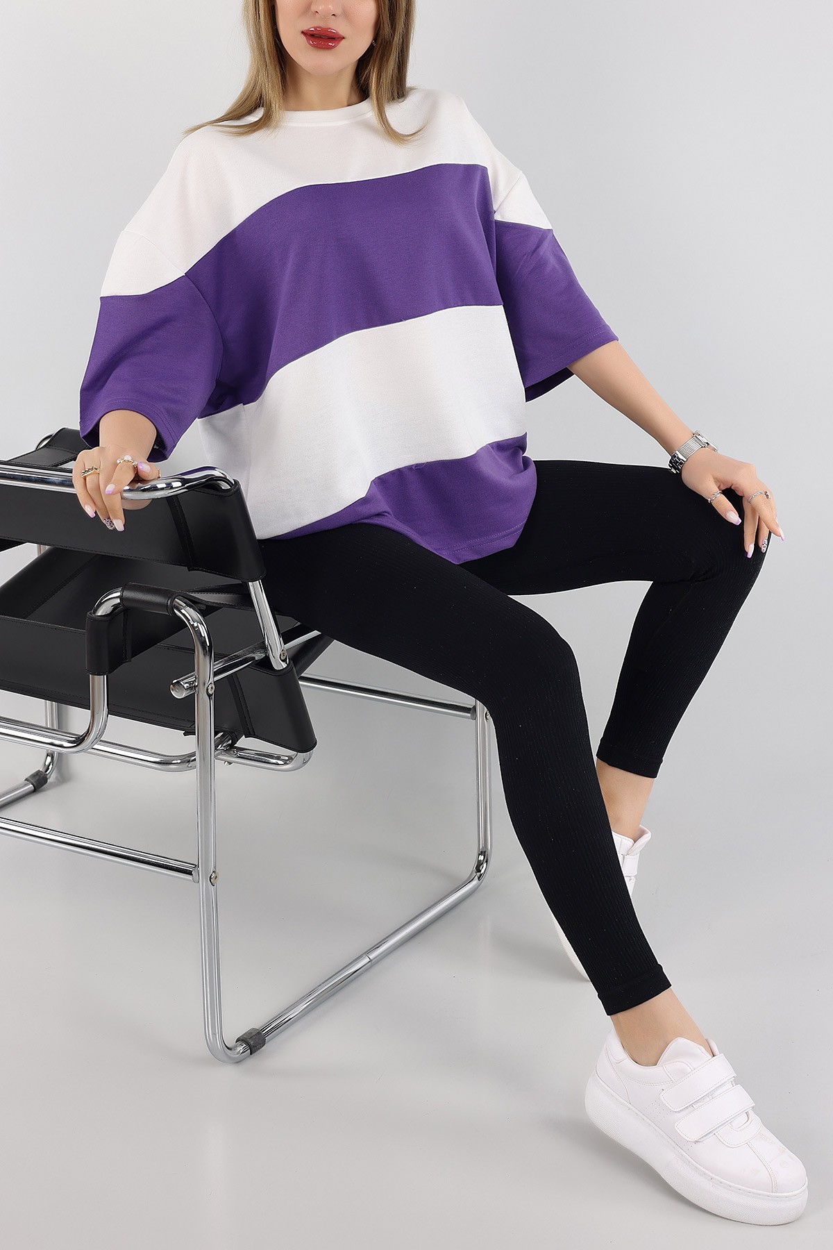 Mor İki İp Oversize Bayan Tişört 166251