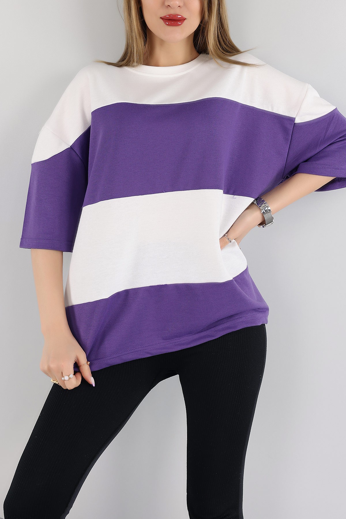 Mor İki İp Oversize Bayan Tişört 166251