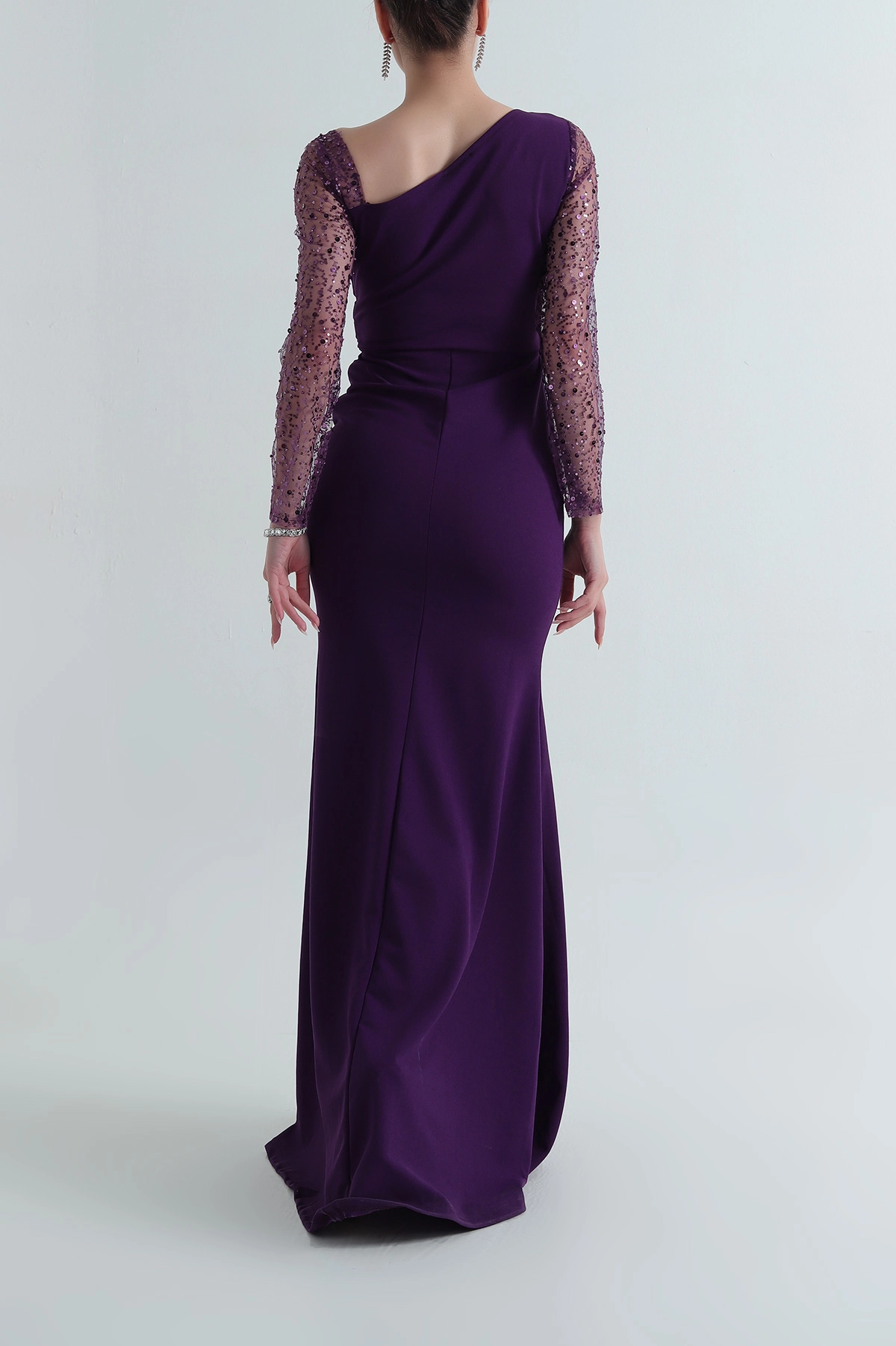 Mor İthal Crep Kadın Pul Payetli Abiye 398080