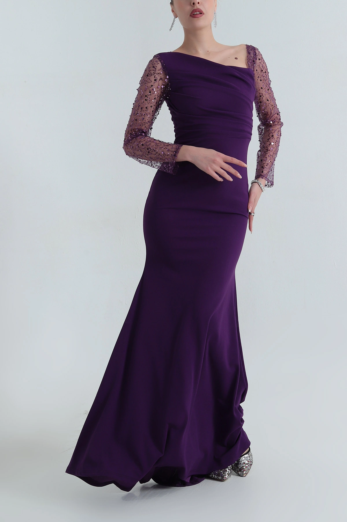 Mor İthal Crep Kadın Pul Payetli Abiye 398080