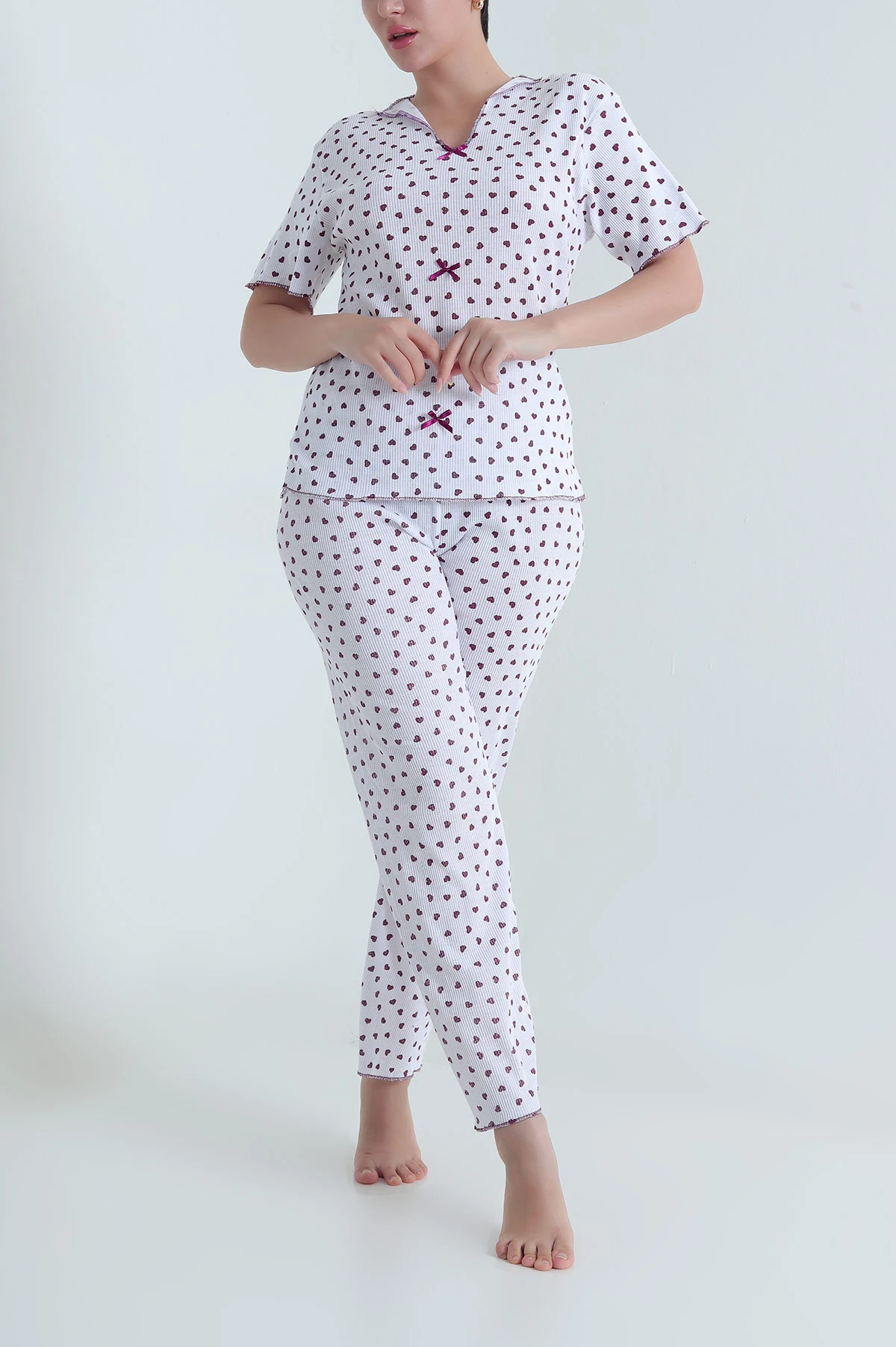 Mor Jakarlı Fiyonklu Kadın Pijama Takımı 466699