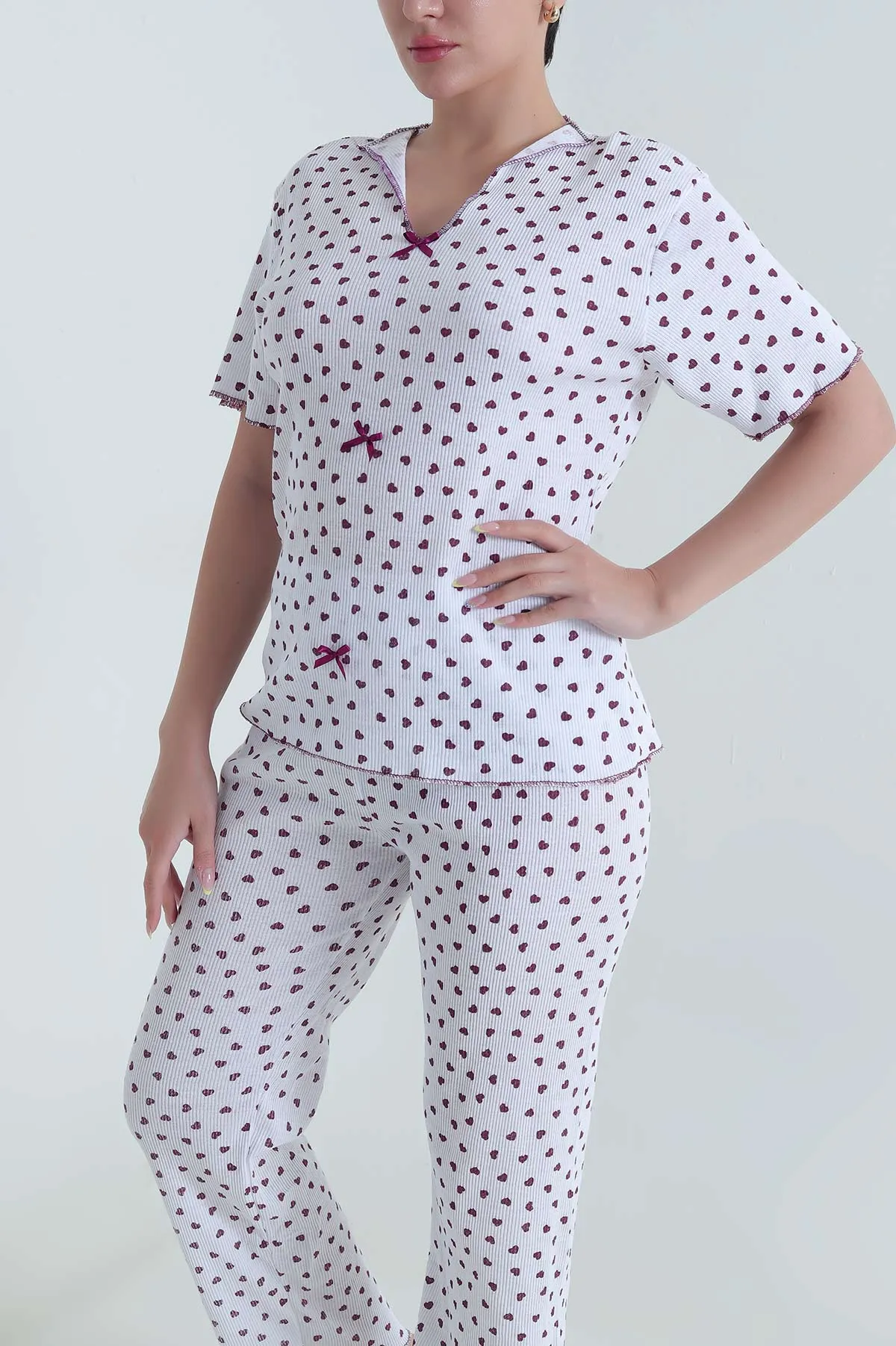 Mor Jakarlı Fiyonklu Kadın Pijama Takımı 466699