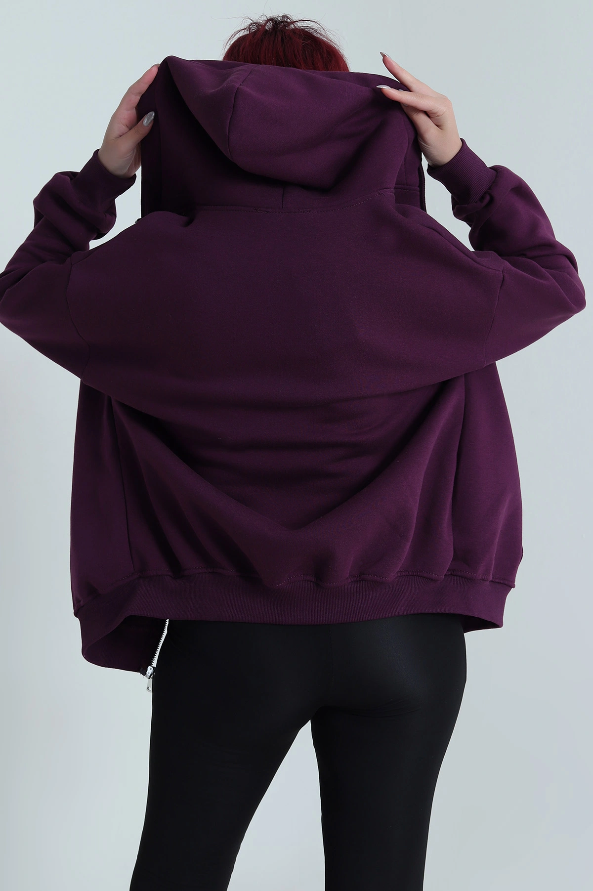 Mor Kapşonlu Şardonlu Üç İp Kadın Sweat 483270