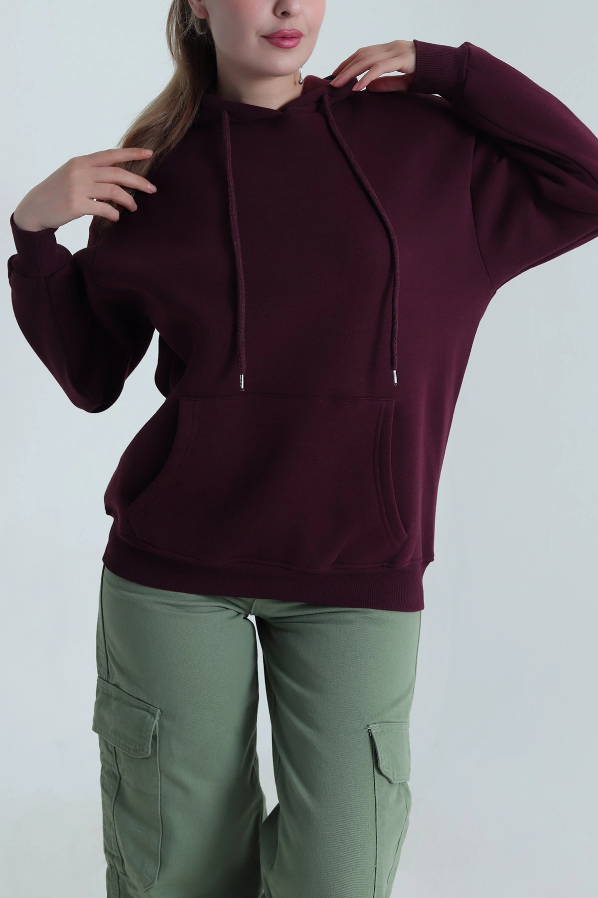 Mor Kapşonlu Şardonlu Üç İp Kadın Sweat 484978