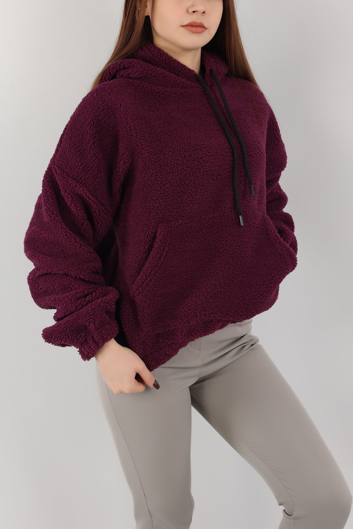 Mor Kapüşonlu Cepli Yumoş Sweat 151238