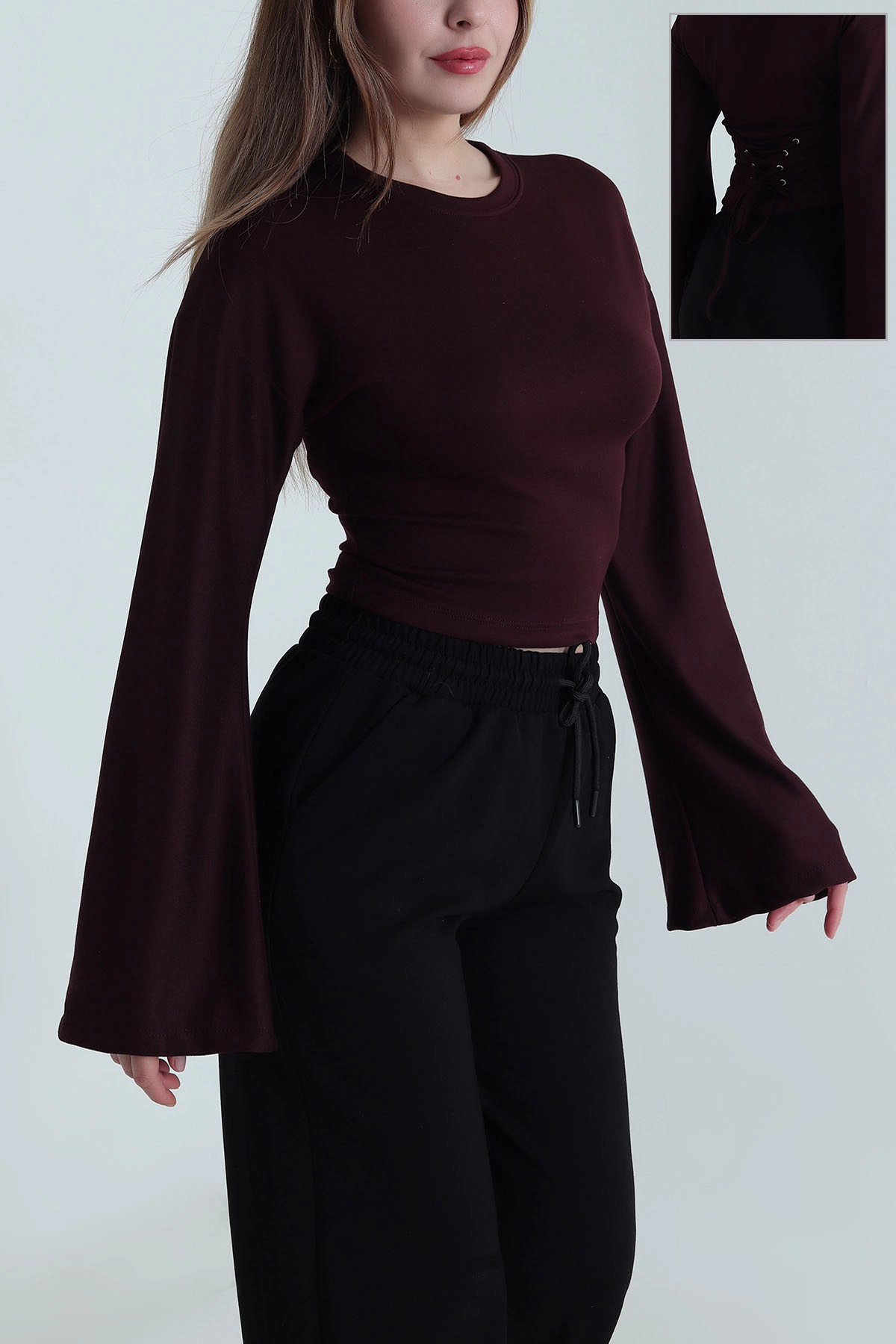 Mor Kuş Gözü Bağcıklı Modal Kadın Bluz 494840
