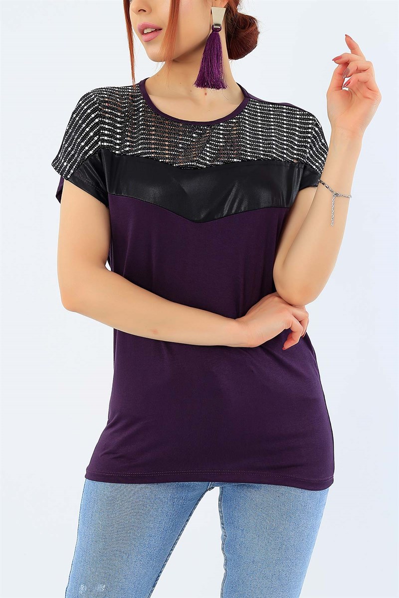 Mor Likralı Pul İşlemeli Bluz 31844
