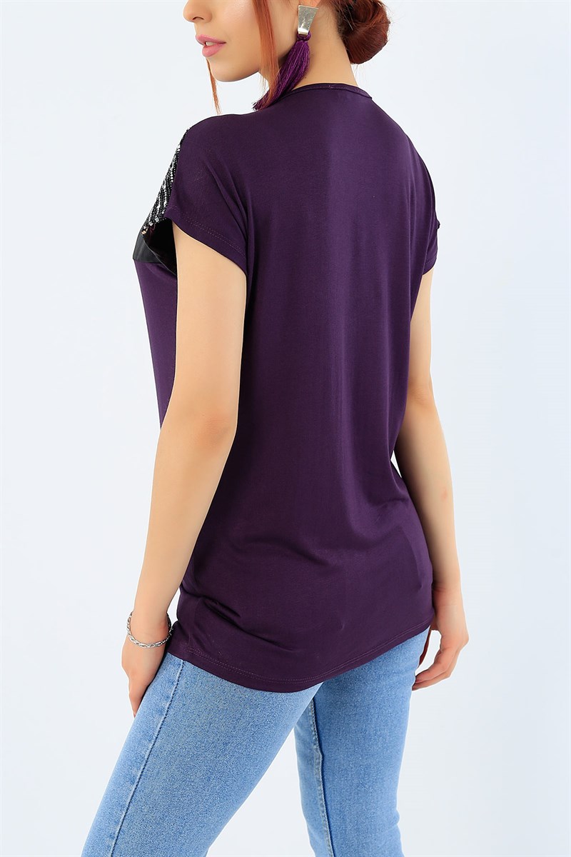 Mor Likralı Pul İşlemeli Bluz 31844