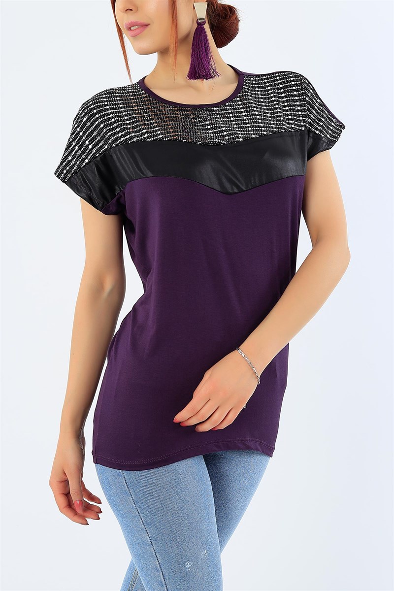 Mor Likralı Pul İşlemeli Bluz 31844