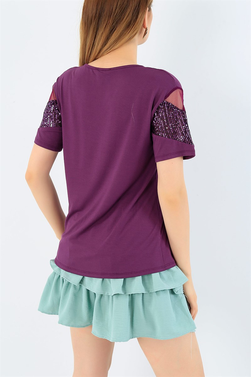Mor Likralı Pul Payet Bluz 35901