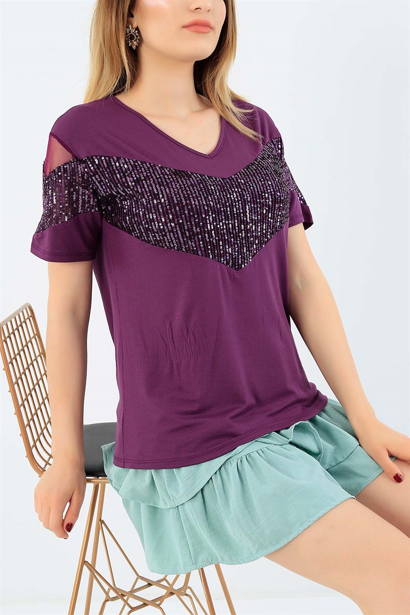 Mor Likralı Pul Payet Bluz 35901