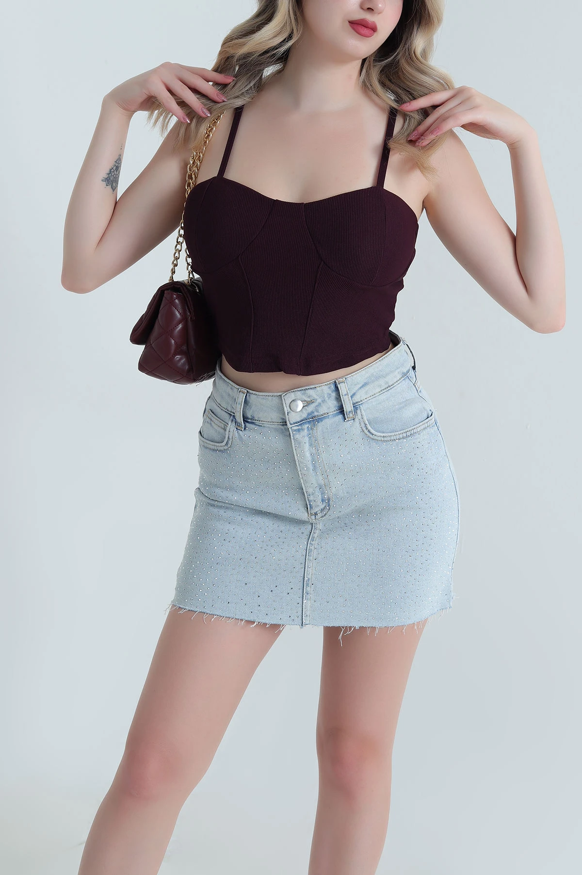 Mor Ottoman Kumaş Crop Bluz 467133
