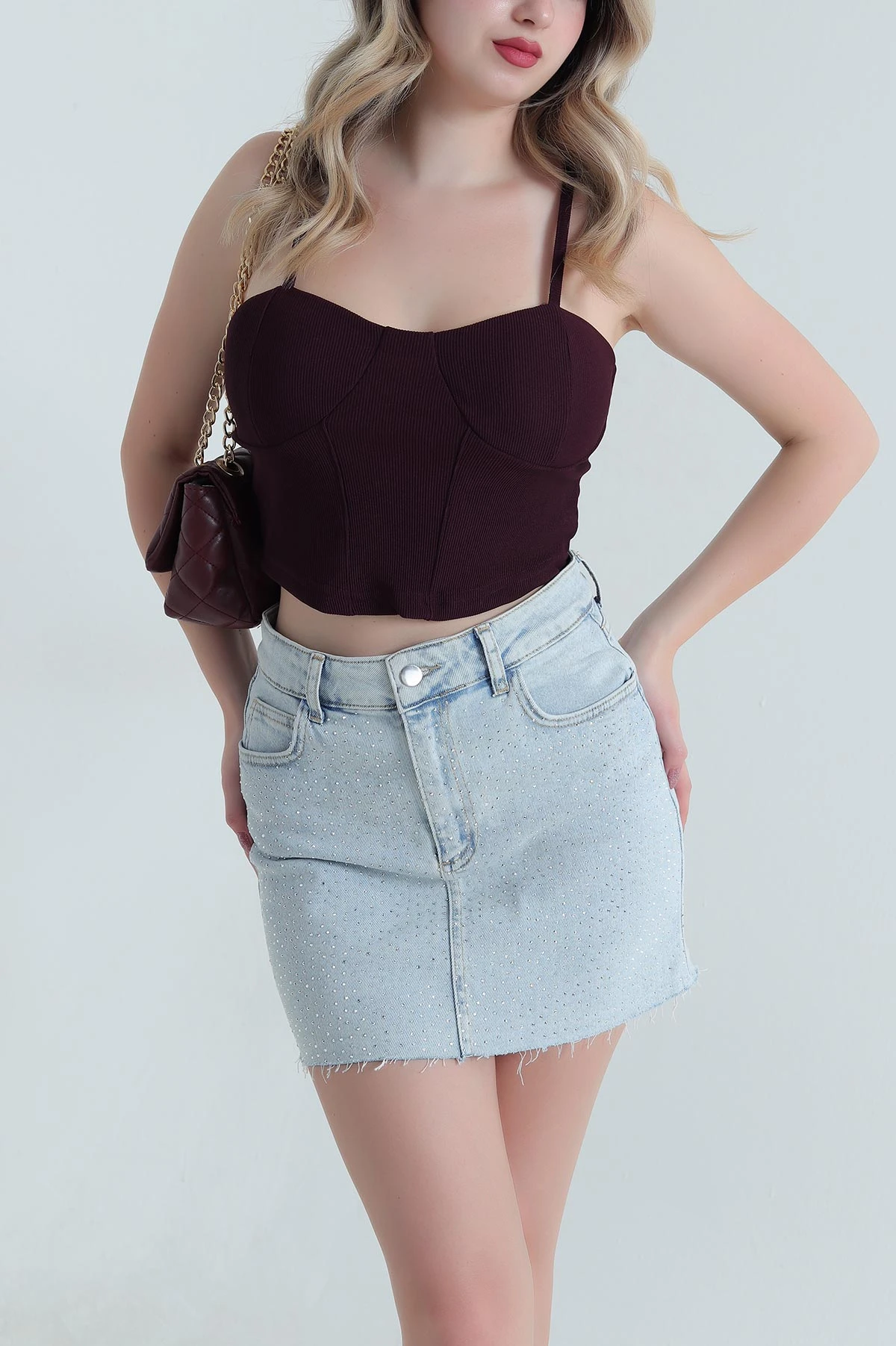 Mor Ottoman Kumaş Crop Bluz 467133