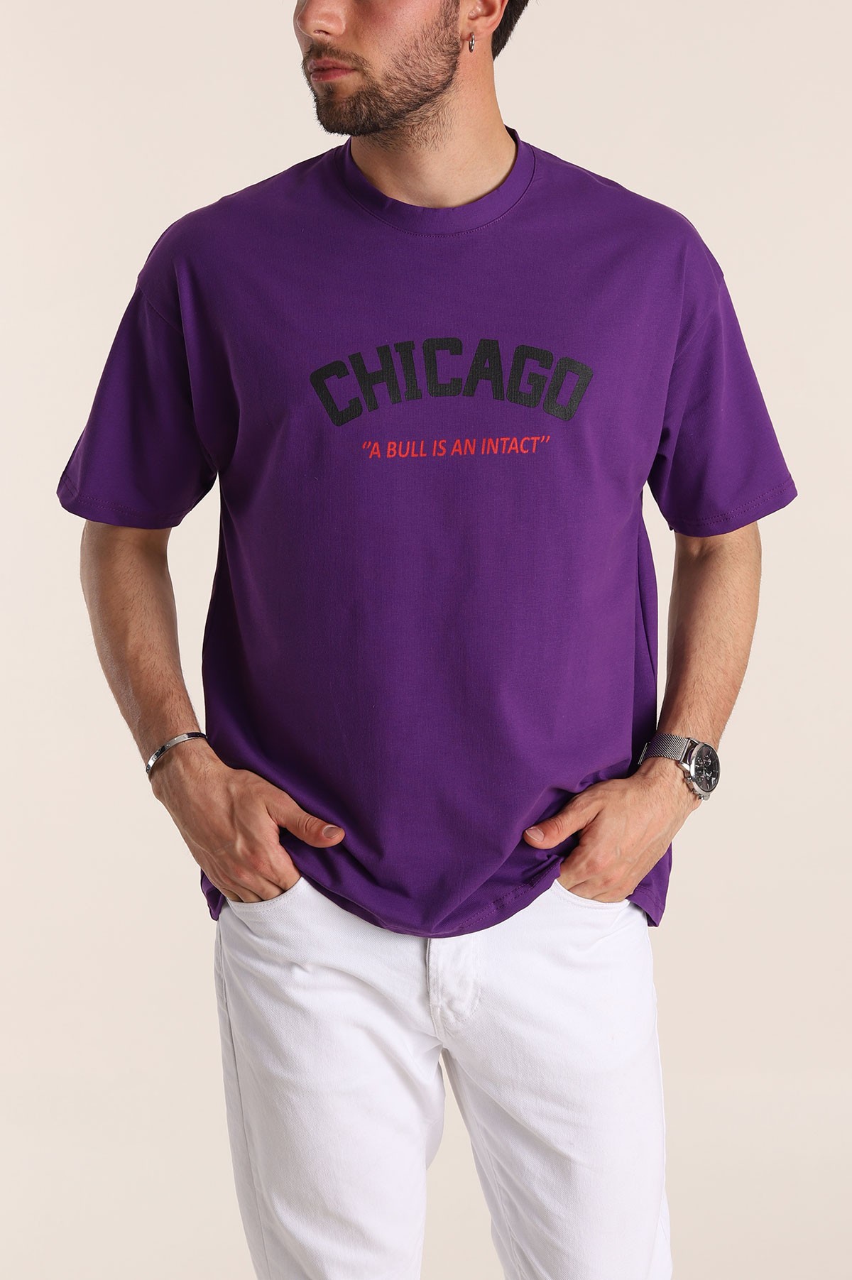 Mor Oversize Chicago Baskılı Erkek Tişört 181406