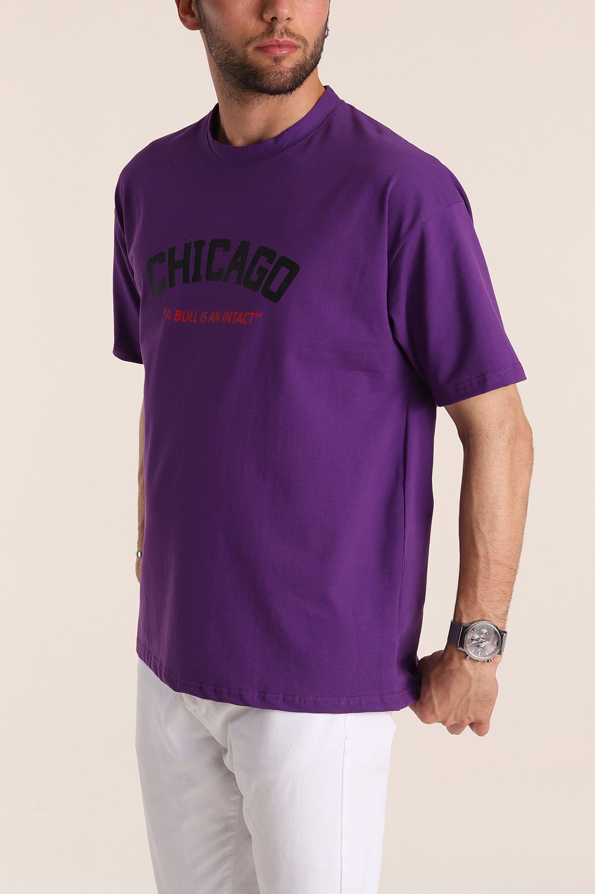 Mor Oversize Chicago Baskılı Erkek Tişört 181406