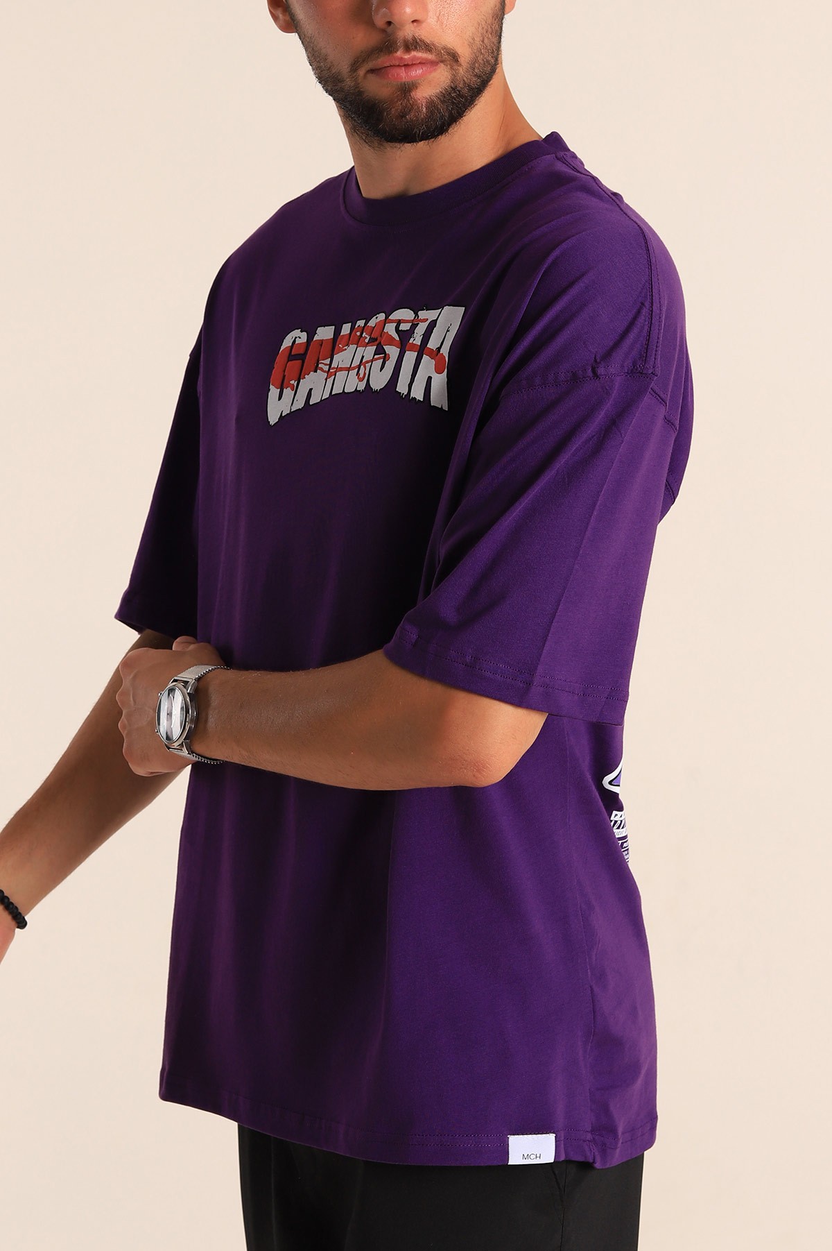 Mor Oversize Gangsta Sırt Baskılı Erkek Tişört 193143 | ModamızBir