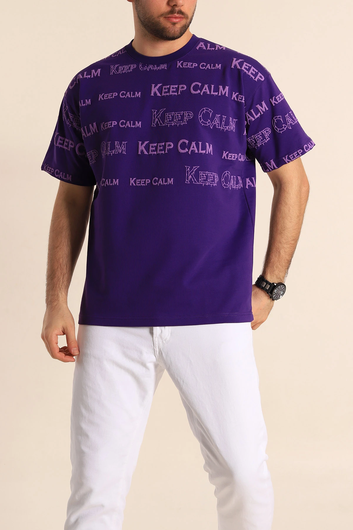 Mor Oversize İki İp Yazı Detay Erkek Tişört 247569